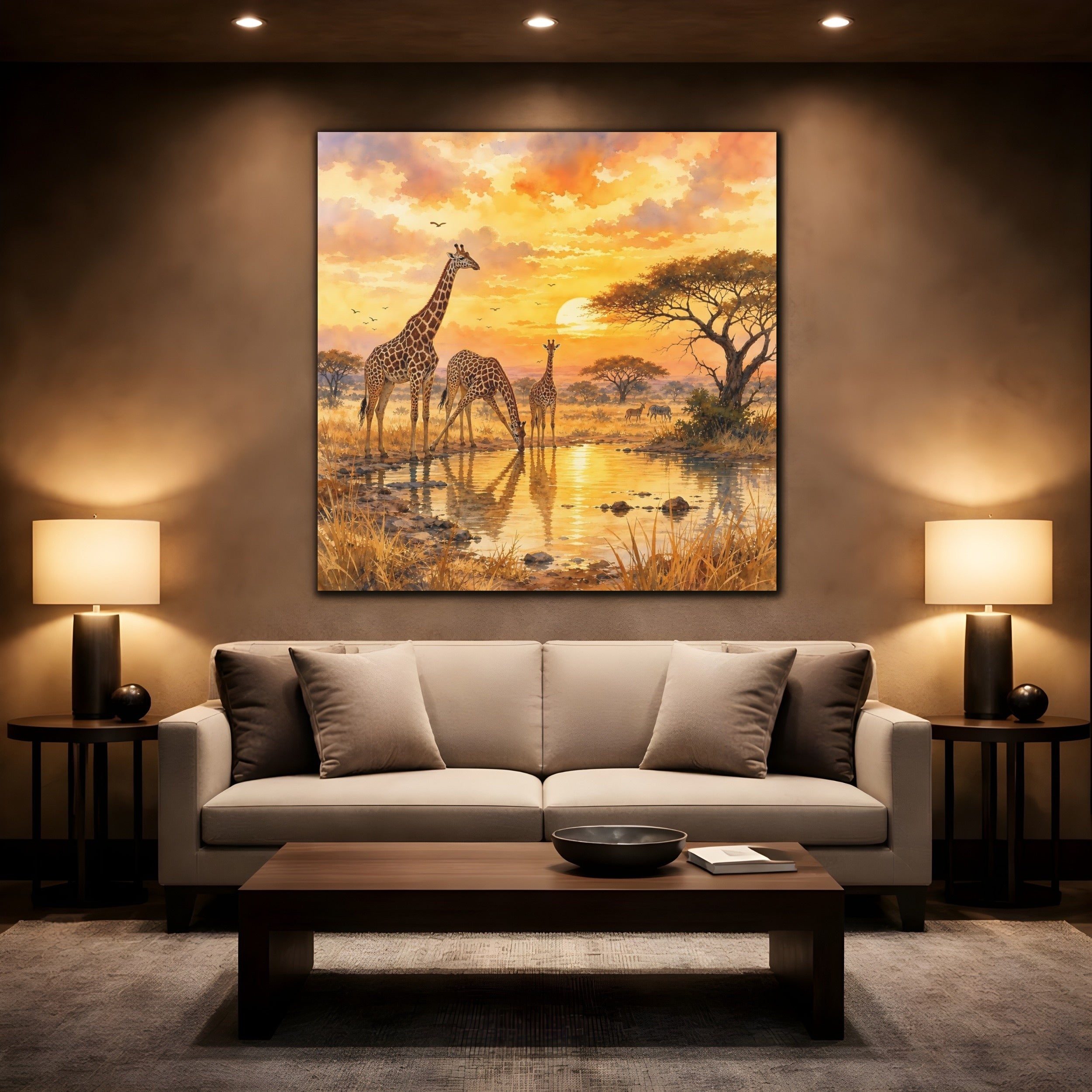 Mockup 2. Animals Giraffes African Sunset shown as stretched canvas wall art
