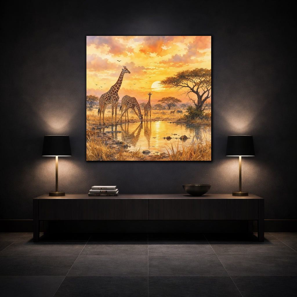 Mockup 3. Animals Giraffes African Sunset shown as stretched canvas wall art