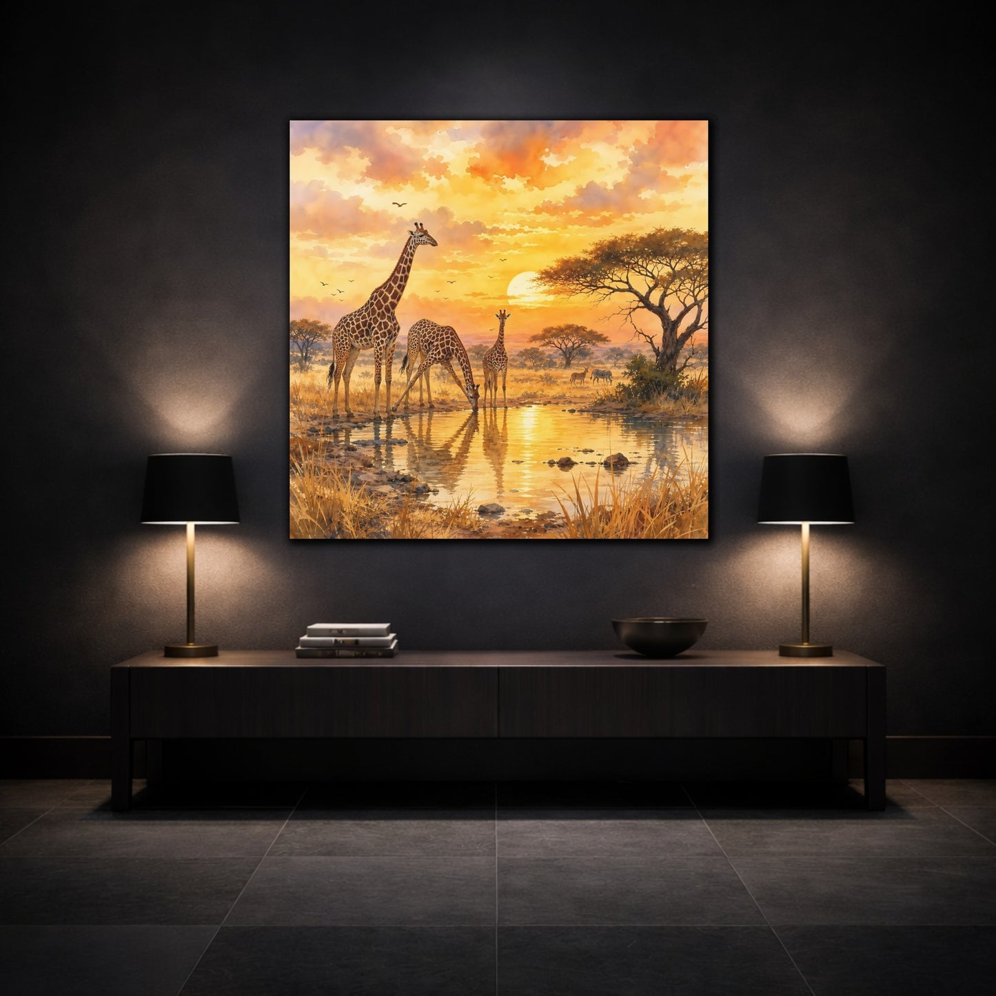 Mockup 3. Animals Giraffes African Sunset shown as stretched canvas wall art