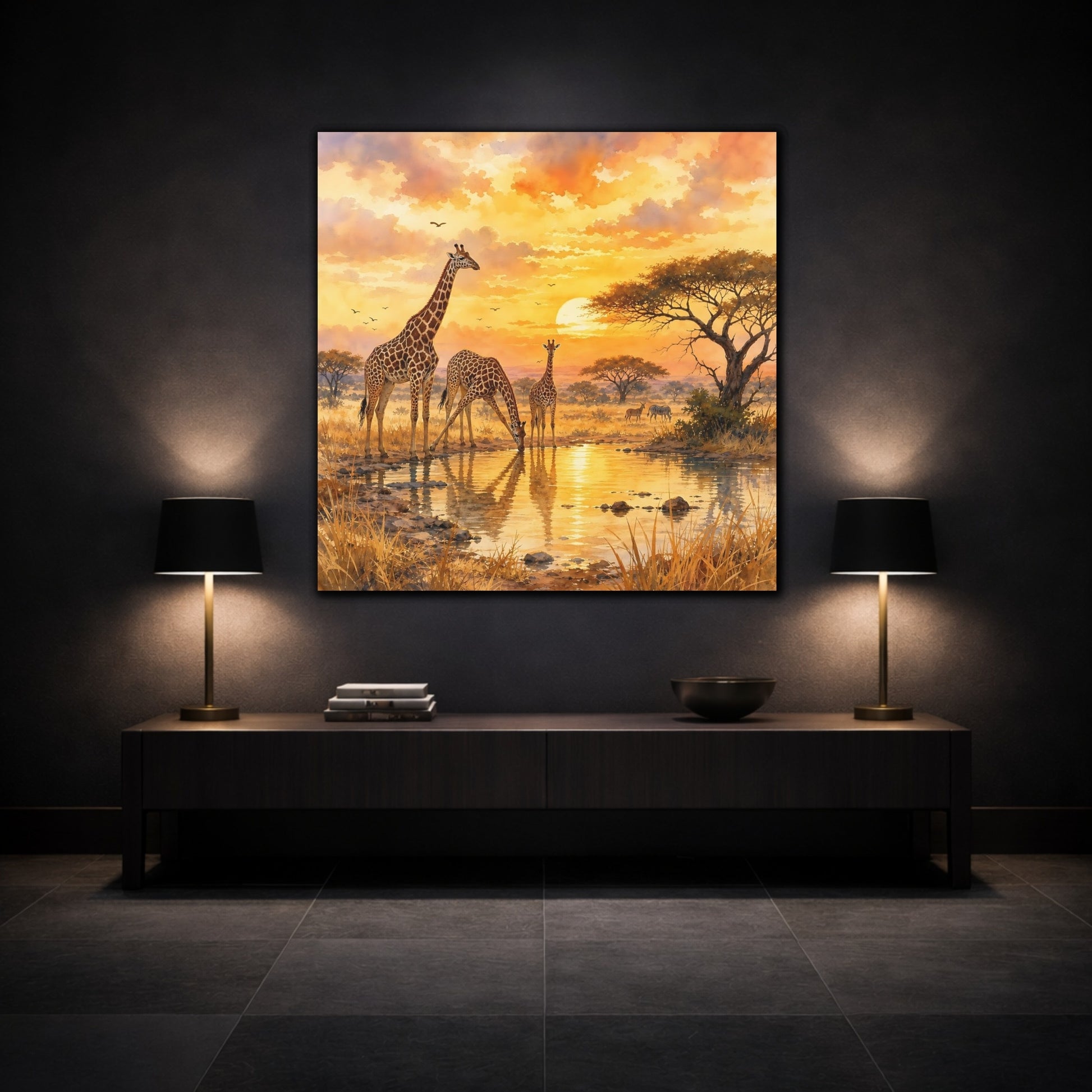Mockup 3. Animals Giraffes African Sunset shown as stretched canvas wall art