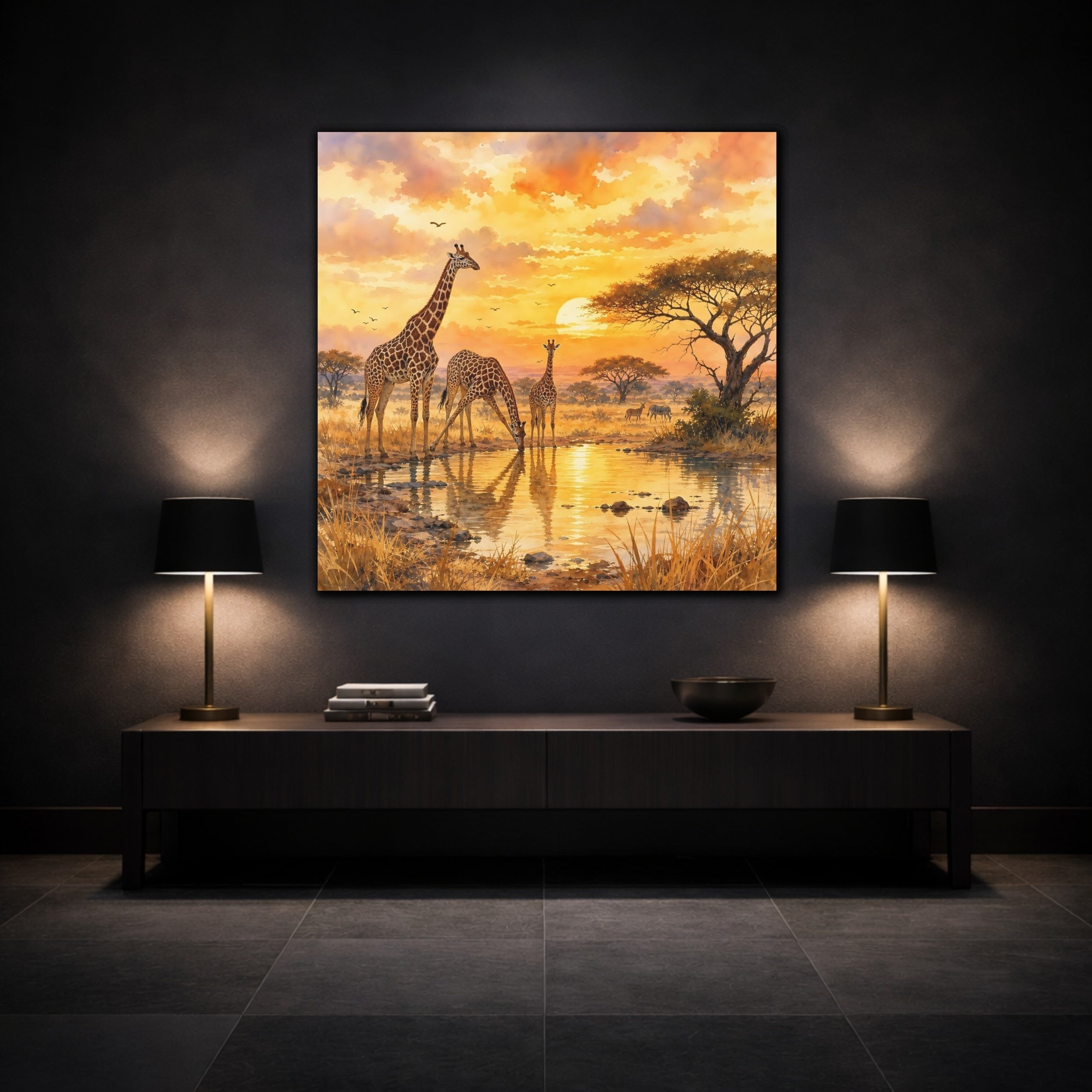 Mockup 3. Animals Giraffes African Sunset shown as stretched canvas wall art