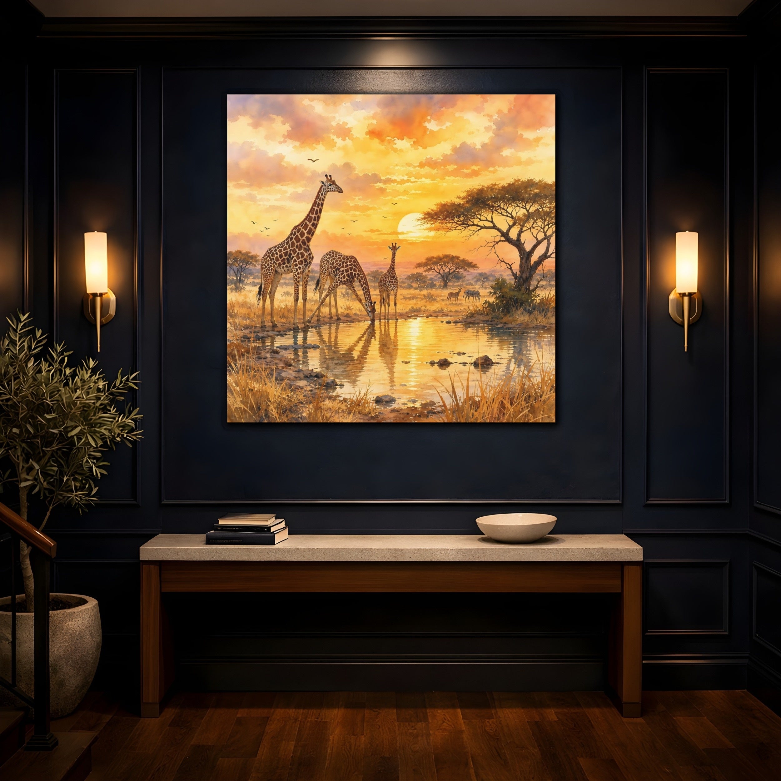 Mockup 4. Animals Giraffes African Sunset shown as stretched canvas wall art