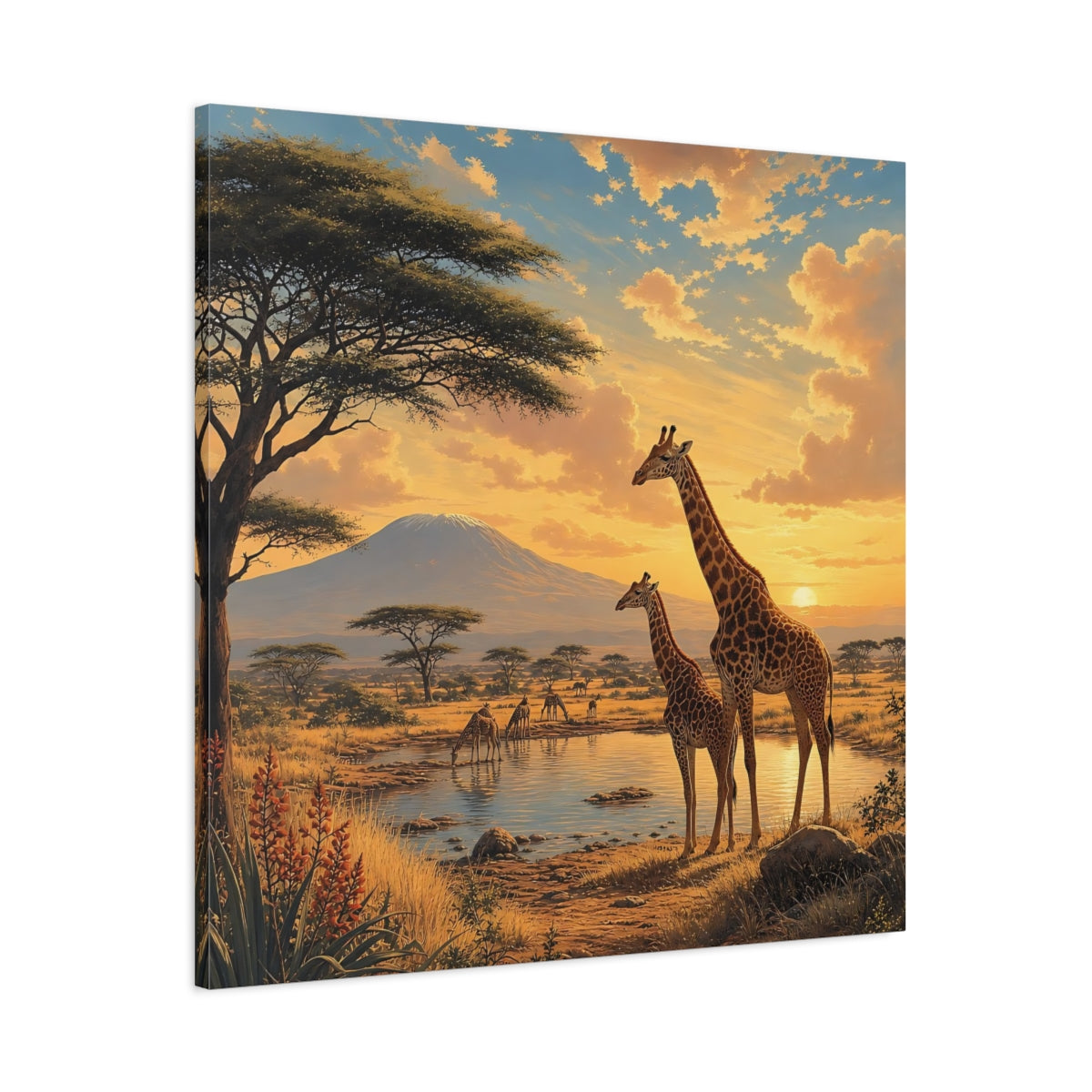 Main Mockup. Animals Giraffes African Wildlife Sunset shown as stretched canvas wall art
