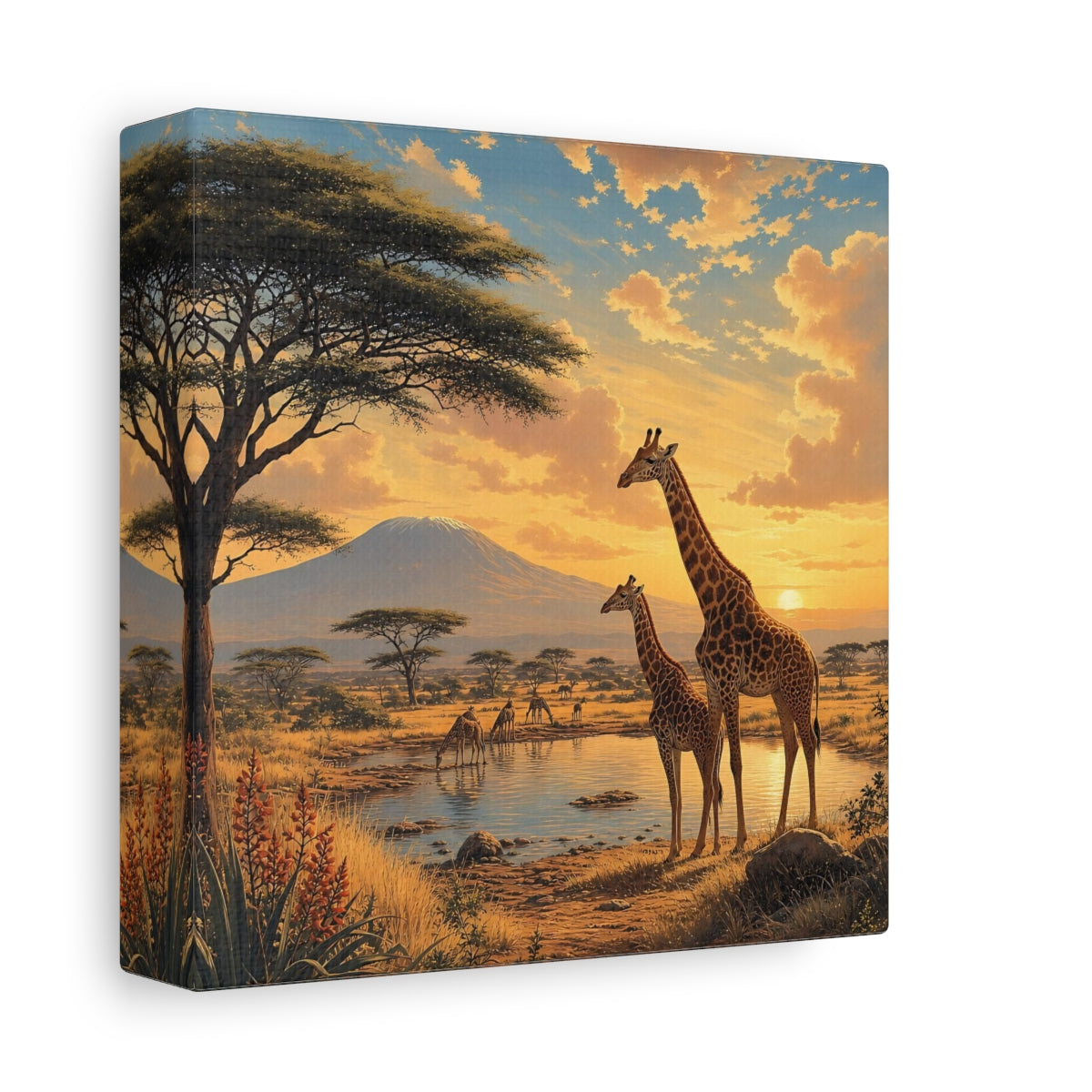 Side Mockup 2. Animals Giraffes African Wildlife Sunset shown as stretched canvas wall art