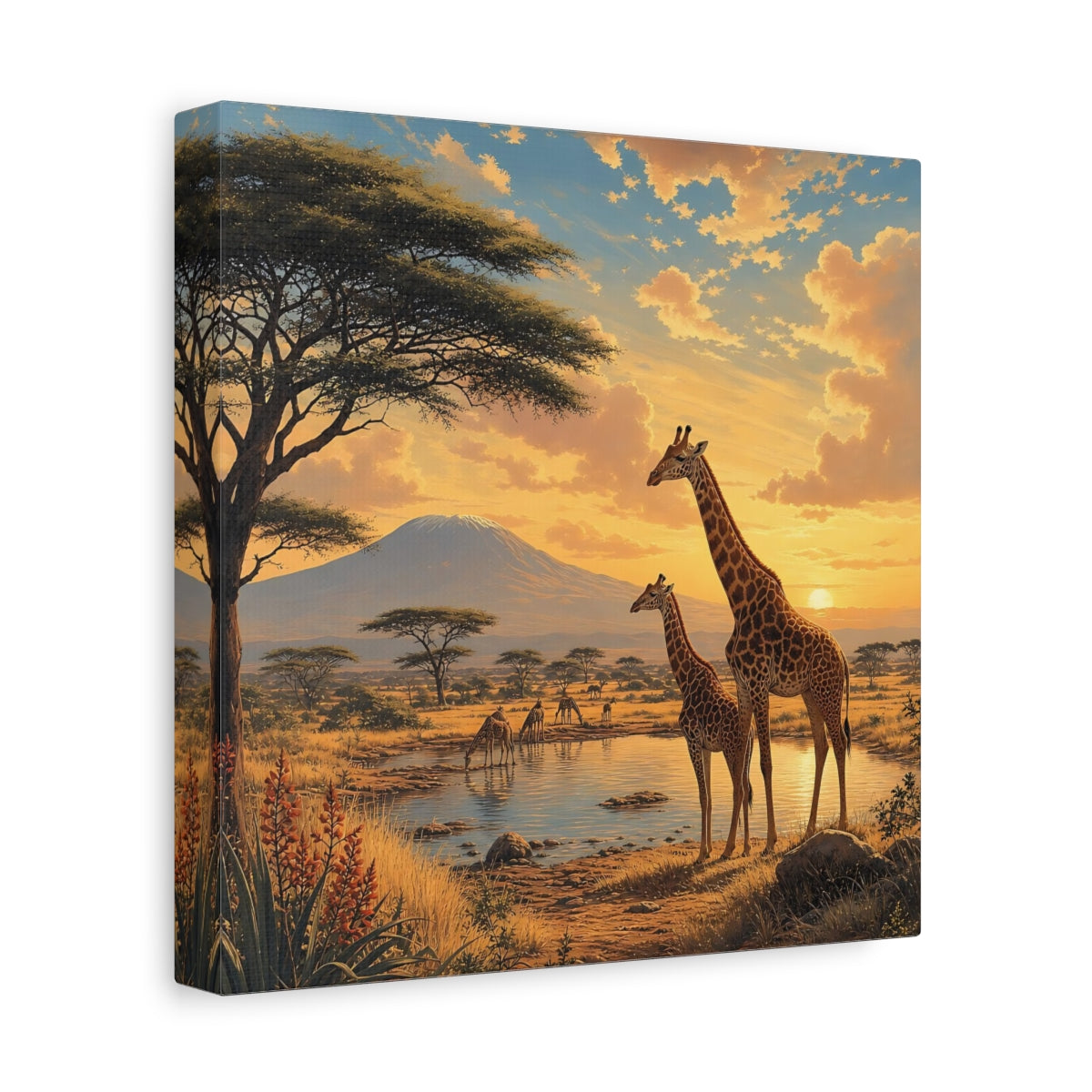 Side Mockup 9. Animals Giraffes African Wildlife Sunset shown as stretched canvas wall art