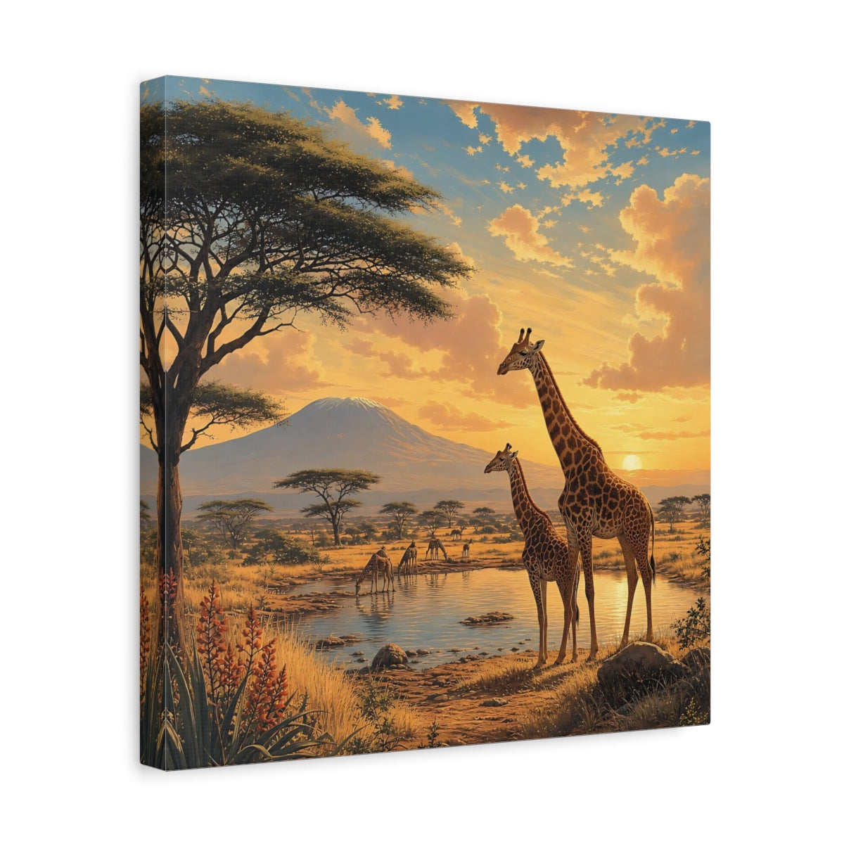 Side Mockup 7. Animals Giraffes African Wildlife Sunset shown as stretched canvas wall art