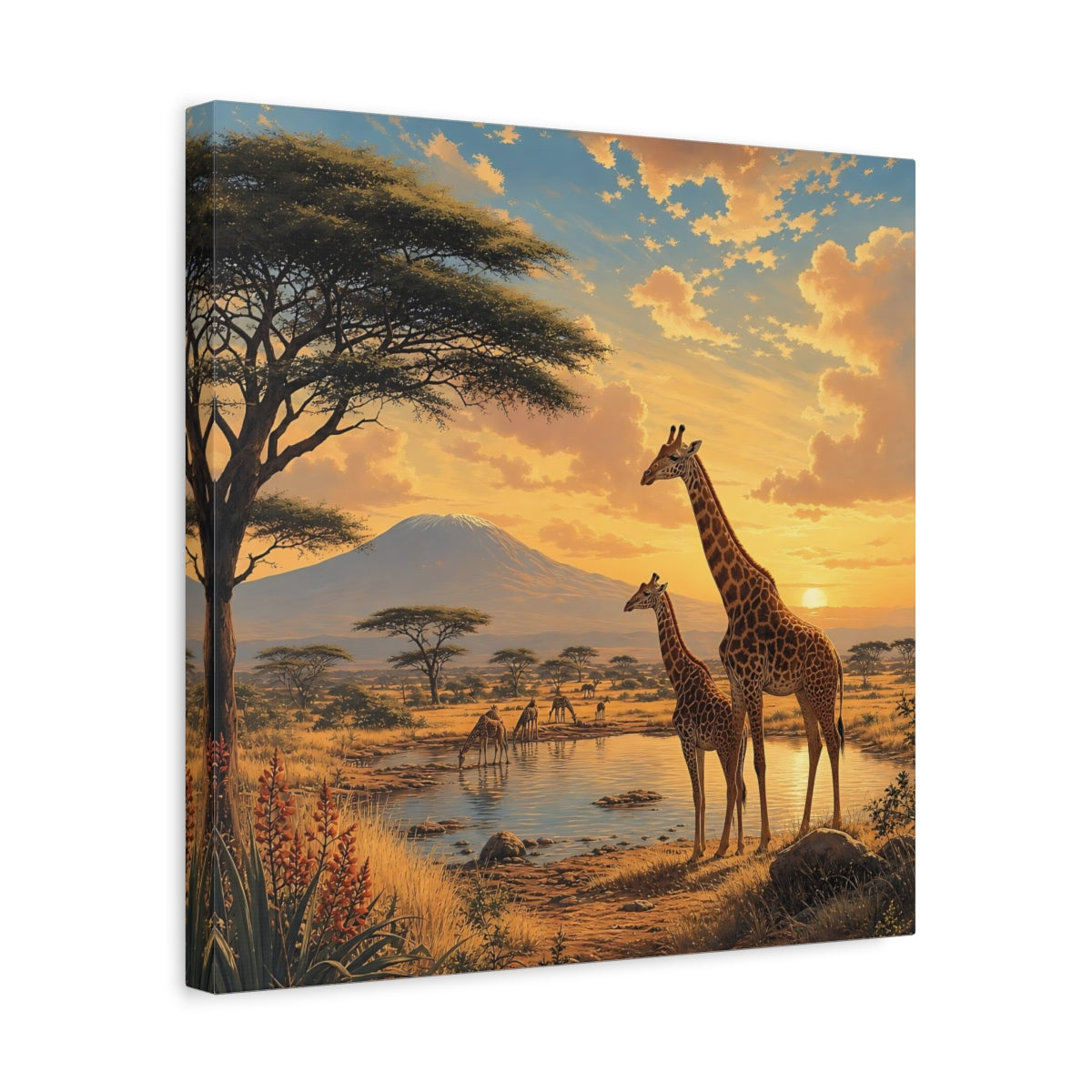 Side Mockup 6. Animals Giraffes African Wildlife Sunset shown as stretched canvas wall art