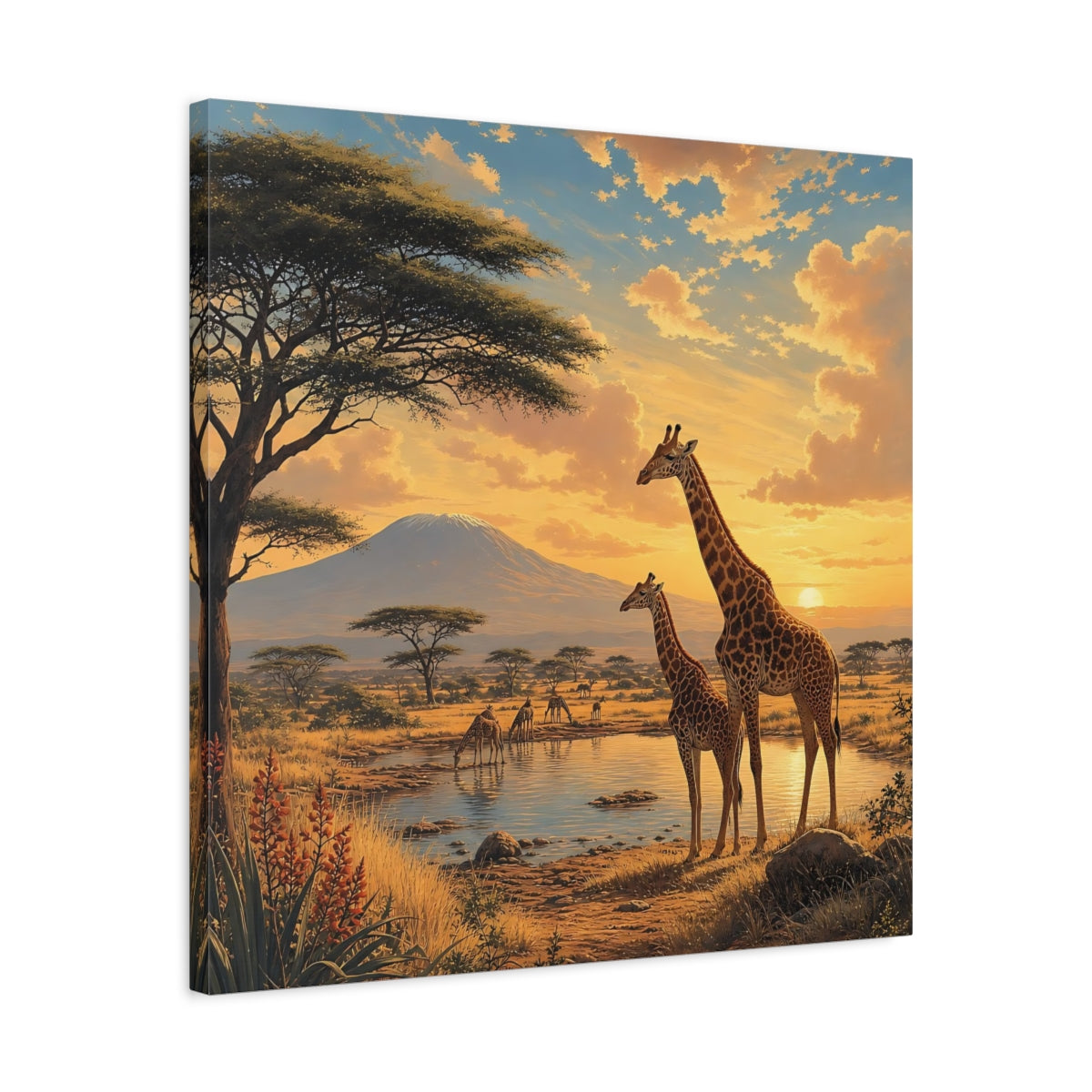 Side Mockup 4. Animals Giraffes African Wildlife Sunset shown as stretched canvas wall art