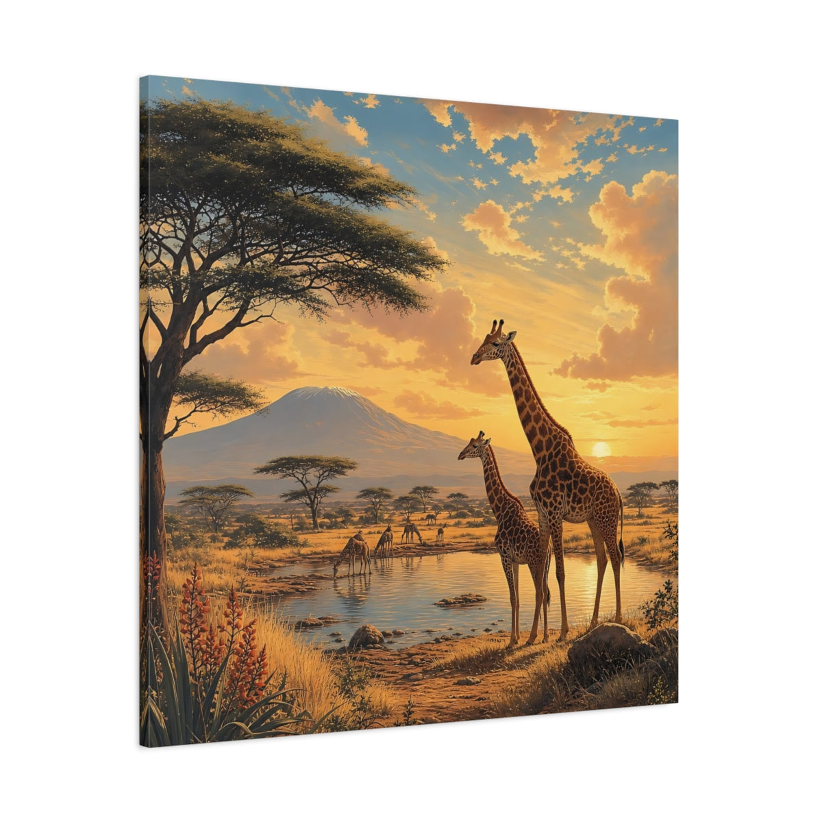 Side Mockup 1. Animals Giraffes African Wildlife Sunset shown as stretched canvas wall art