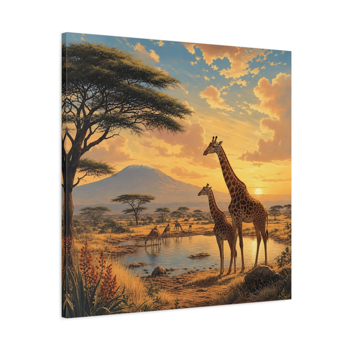 Side Mockup 3. Animals Giraffes African Wildlife Sunset shown as stretched canvas wall art