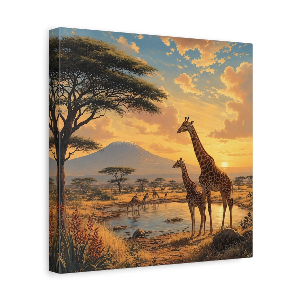 Side Mockup 8. Animals Giraffes African Wildlife Sunset shown as stretched canvas wall art
