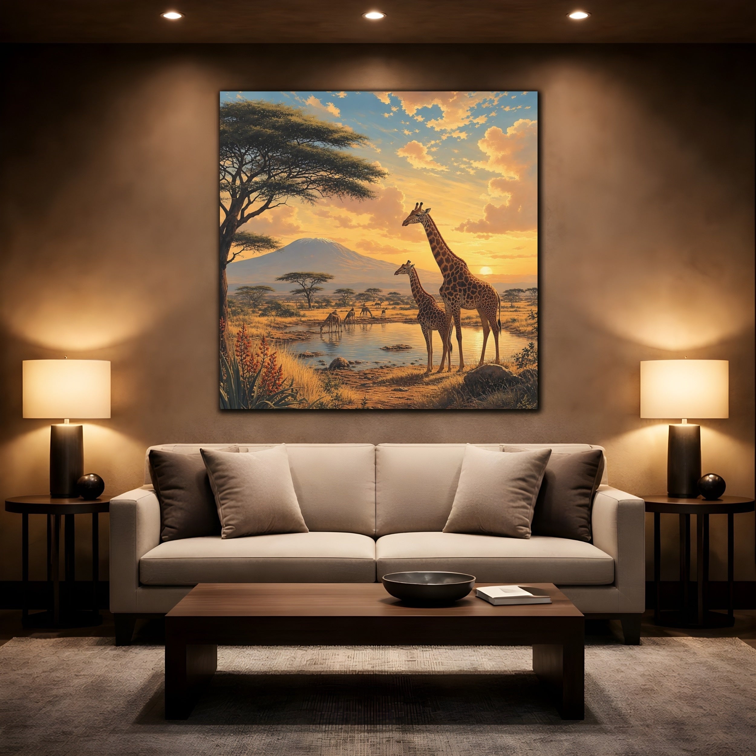 Mockup 2. Animals Giraffes African Wildlife Sunset shown as stretched canvas wall art