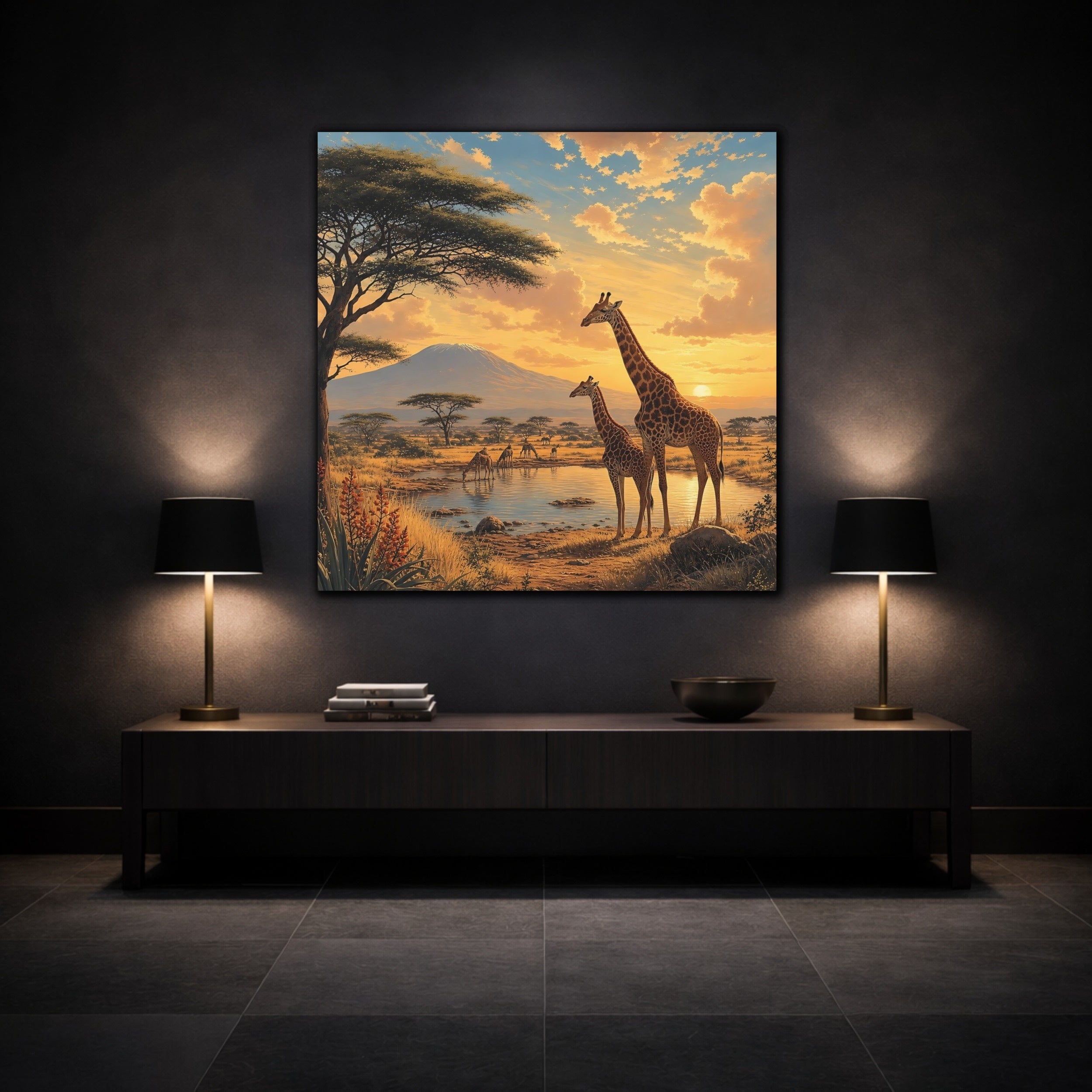 Mockup 3. Animals Giraffes African Wildlife Sunset shown as stretched canvas wall art