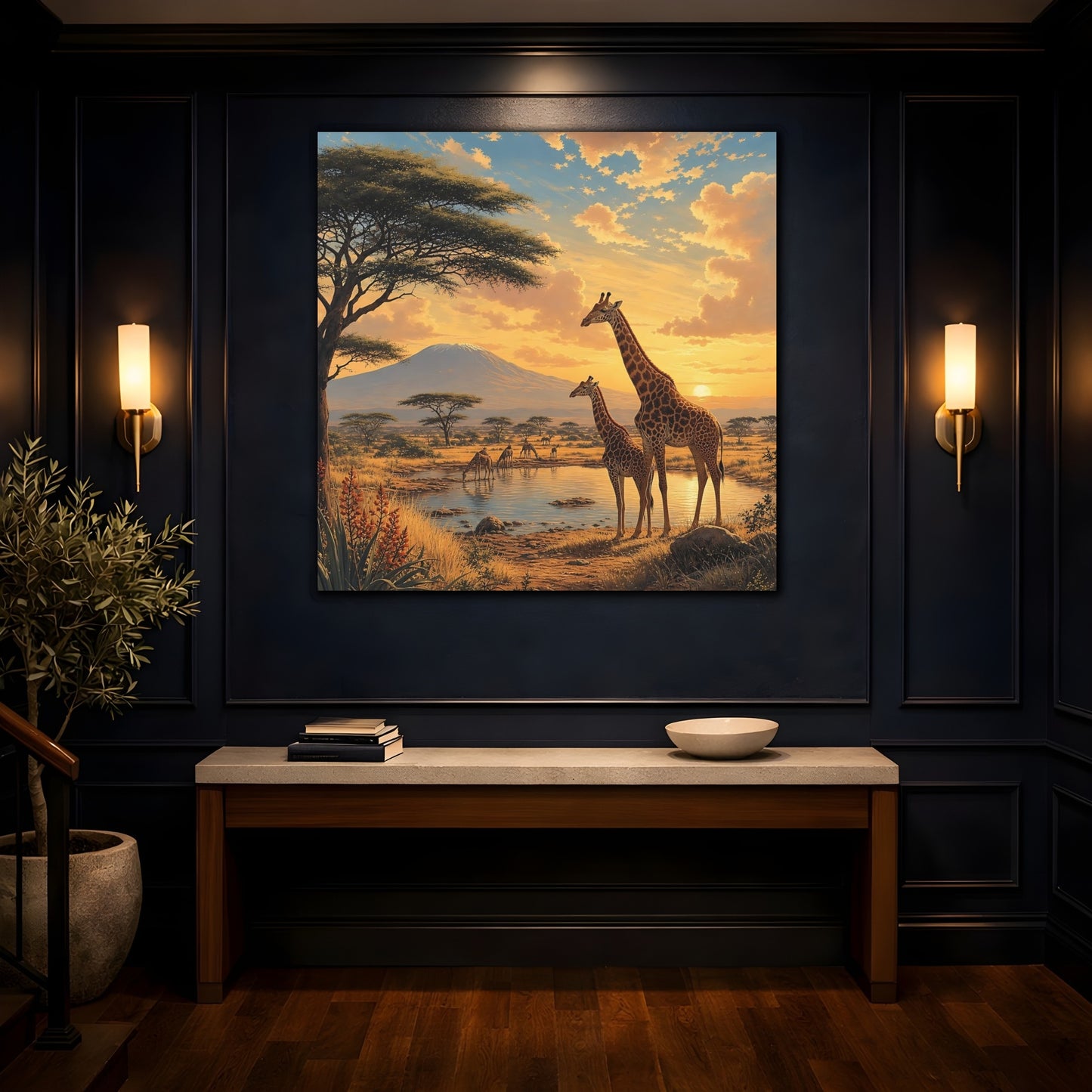 Mockup 4. Animals Giraffes African Wildlife Sunset shown as stretched canvas wall art