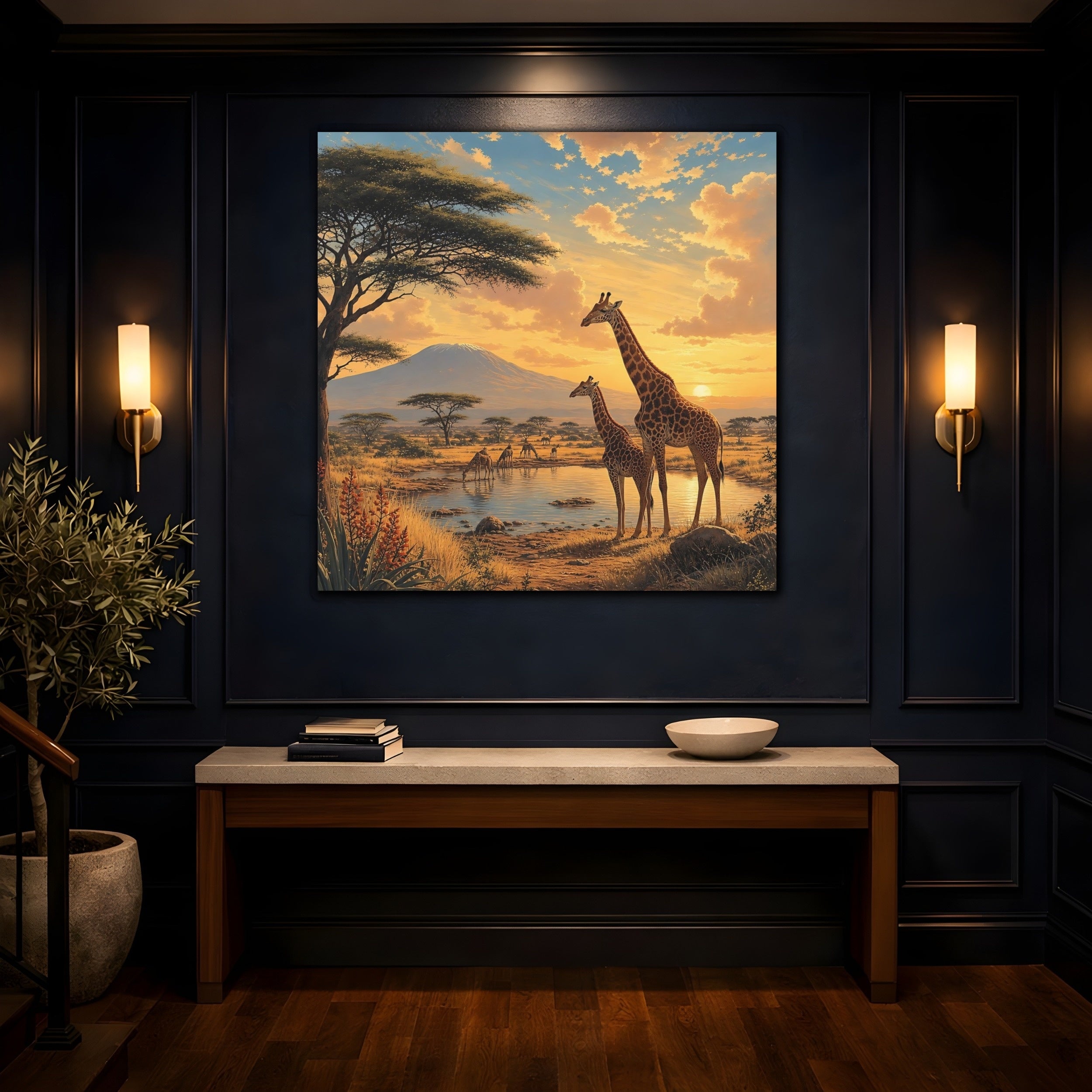 Mockup 4. Animals Giraffes African Wildlife Sunset shown as stretched canvas wall art