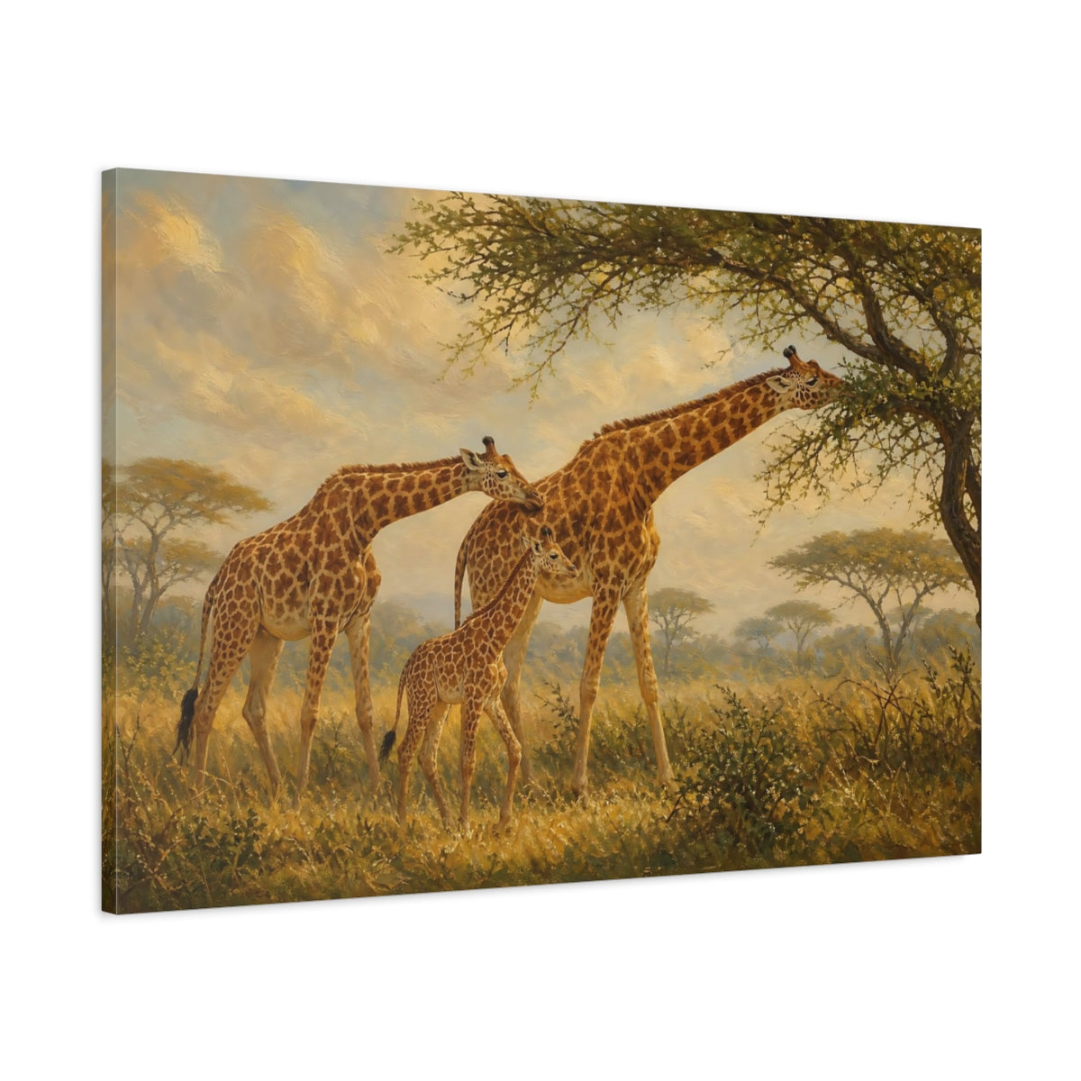 Main Mockup. Animals Giraffes Giraffe Family shown as stretched canvas wall art