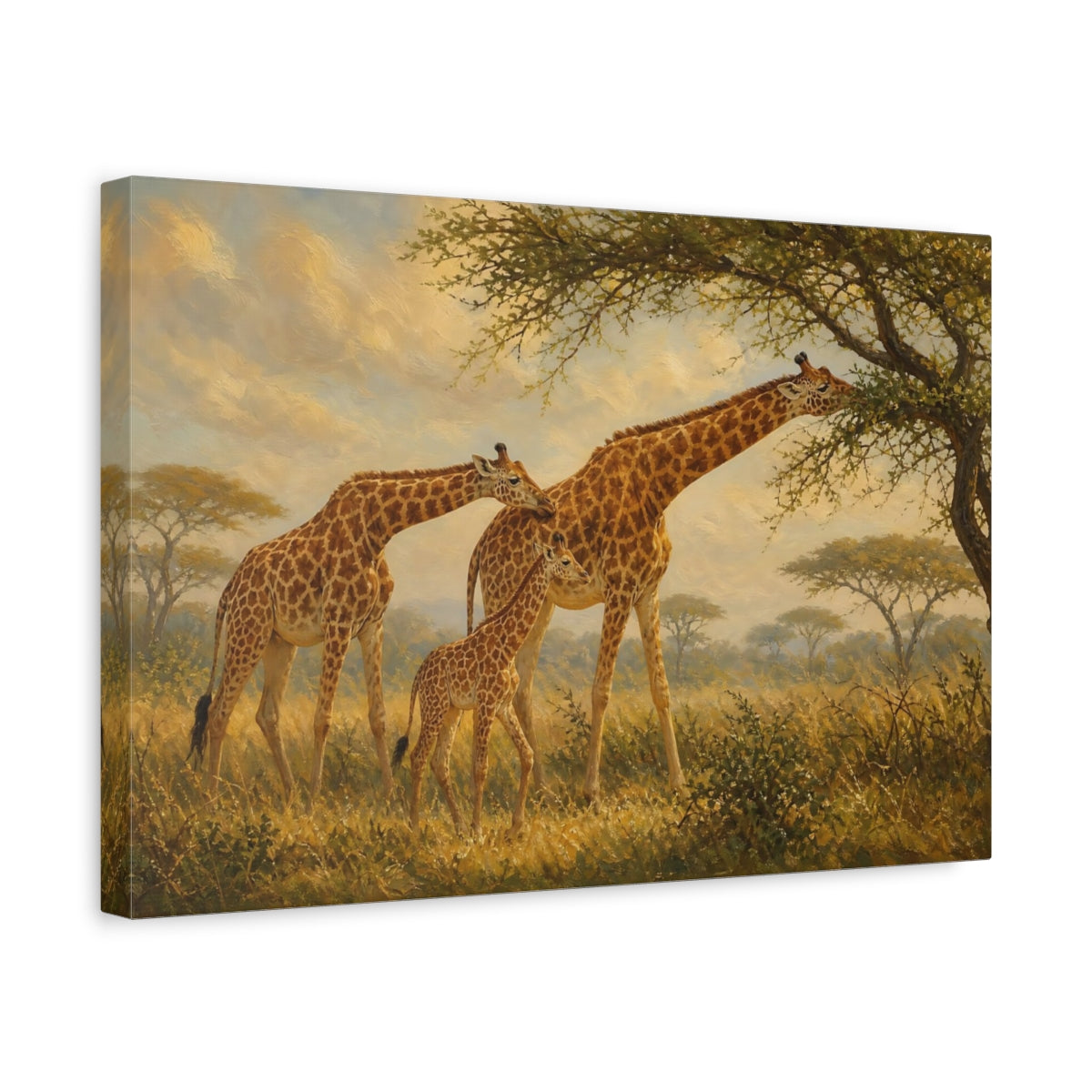 Side Mockup 4. Animals Giraffes Giraffe Family shown as stretched canvas wall art