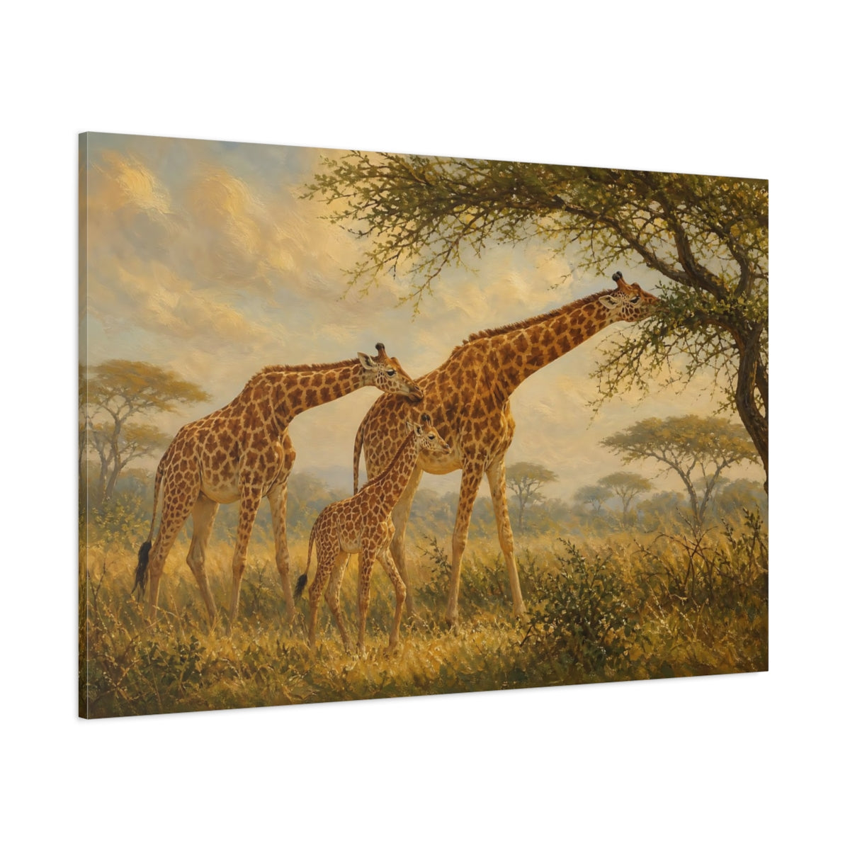 Side Mockup 1. Animals Giraffes Giraffe Family shown as stretched canvas wall art