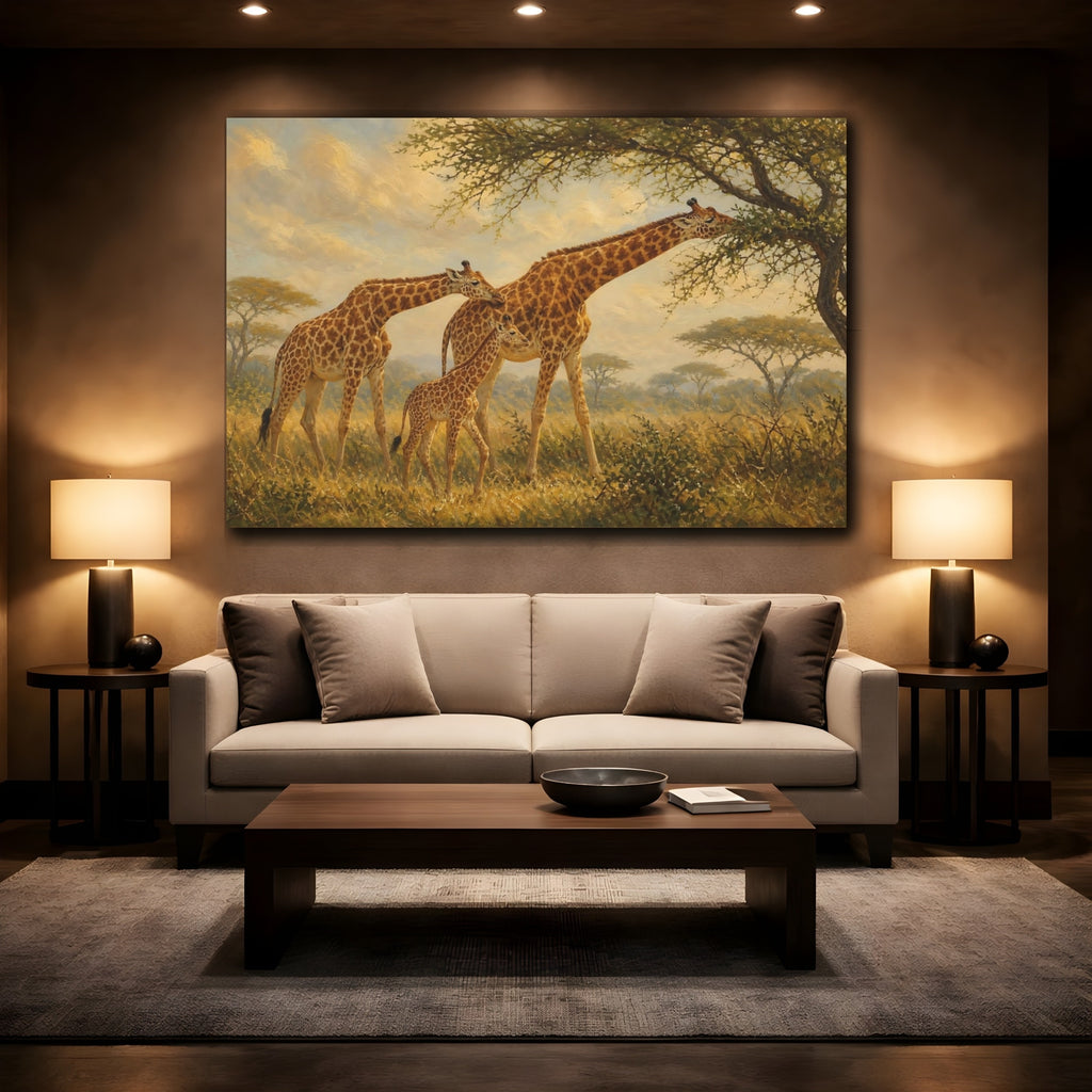 Mockup 2. Animals Giraffes Giraffe Family shown as stretched canvas wall art