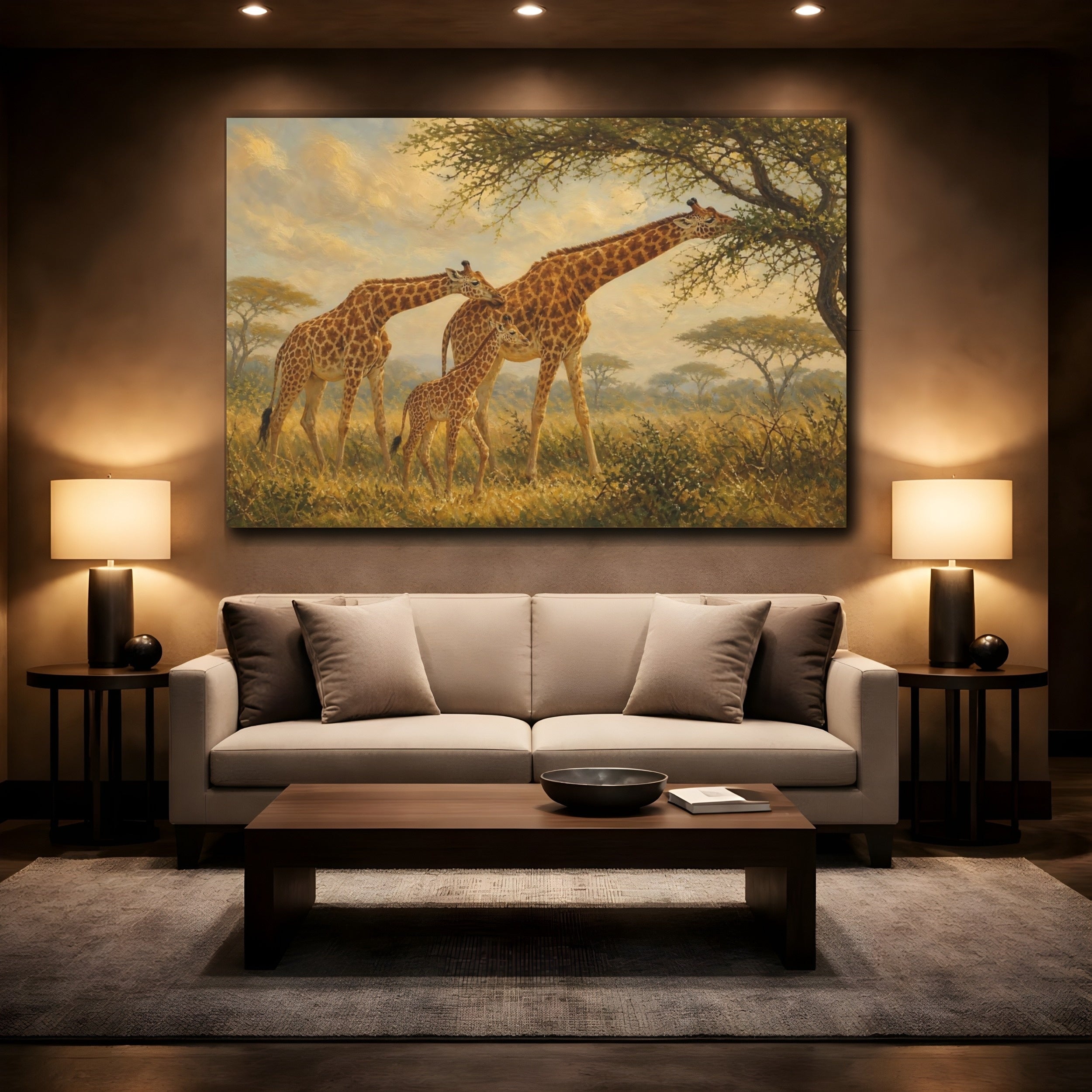 Mockup 2. Animals Giraffes Giraffe Family shown as stretched canvas wall art