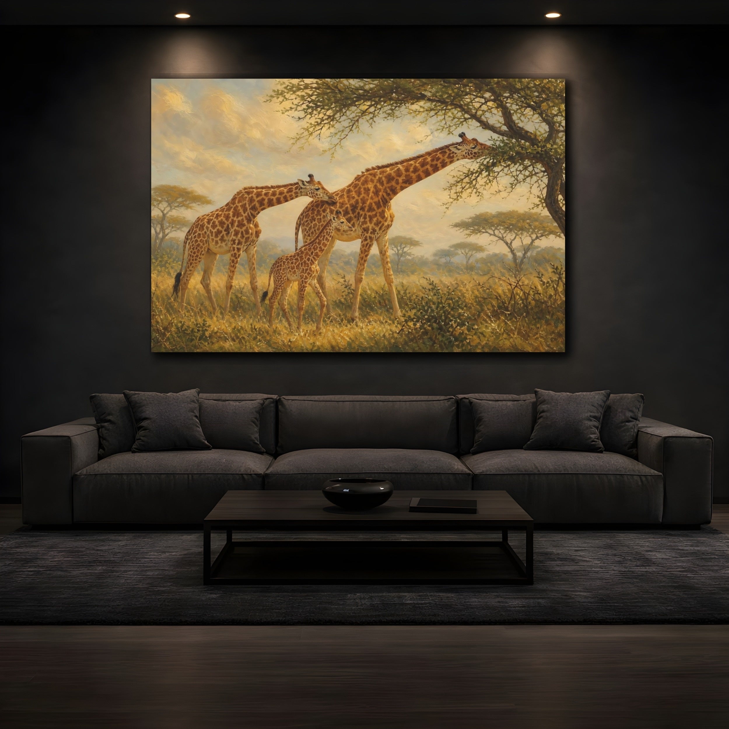Mockup 3. Animals Giraffes Giraffe Family shown as stretched canvas wall art