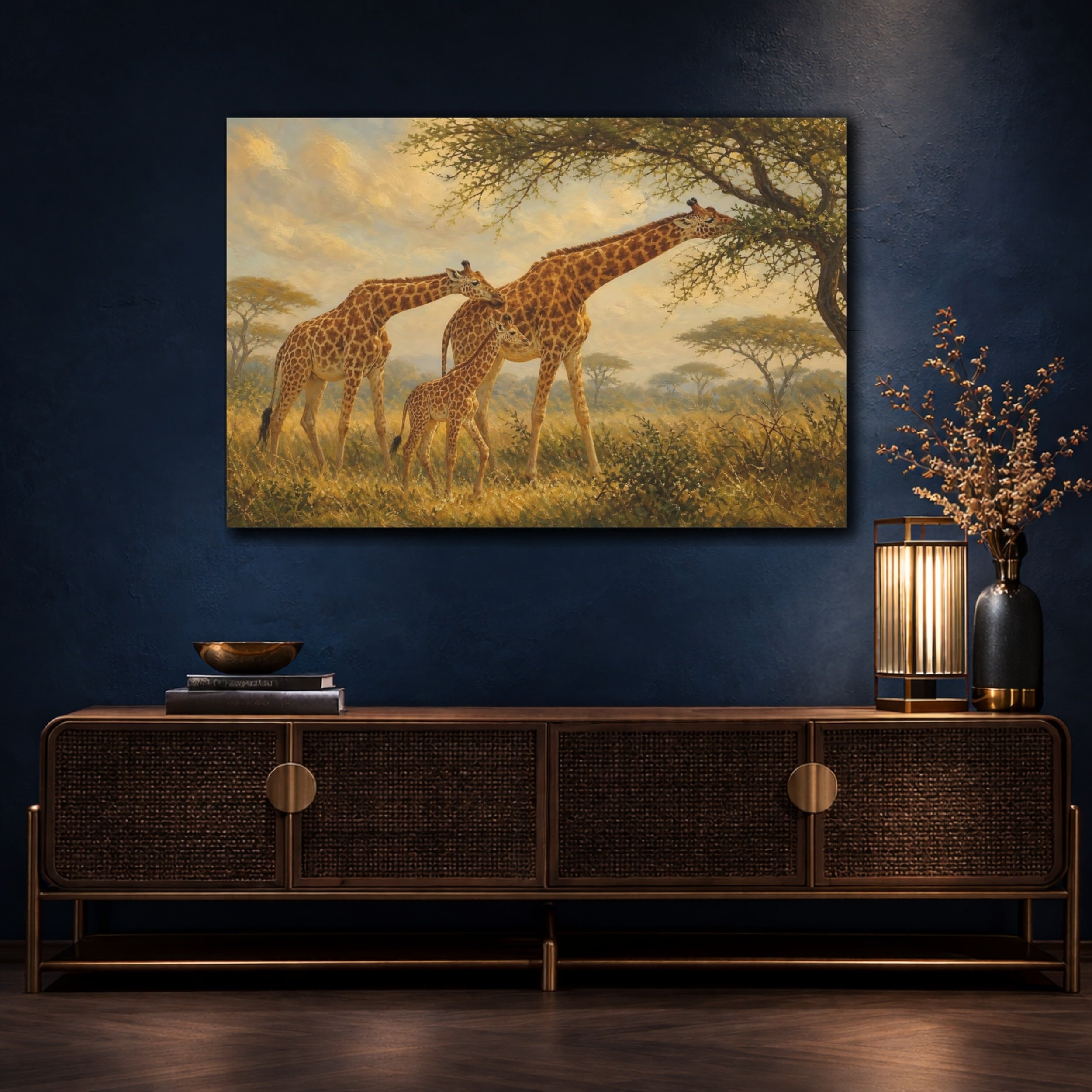 Mockup 4. Animals Giraffes Giraffe Family shown as stretched canvas wall art
