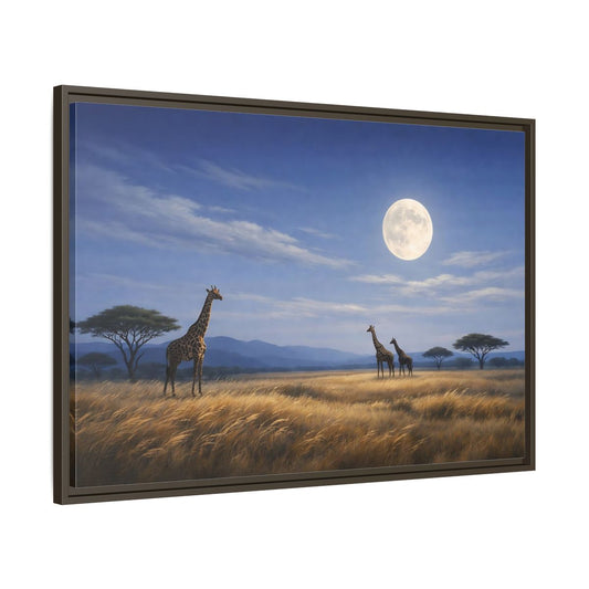 Main Mockup. Animals Giraffes Giraffe Moon shown as stretched canvas wall art