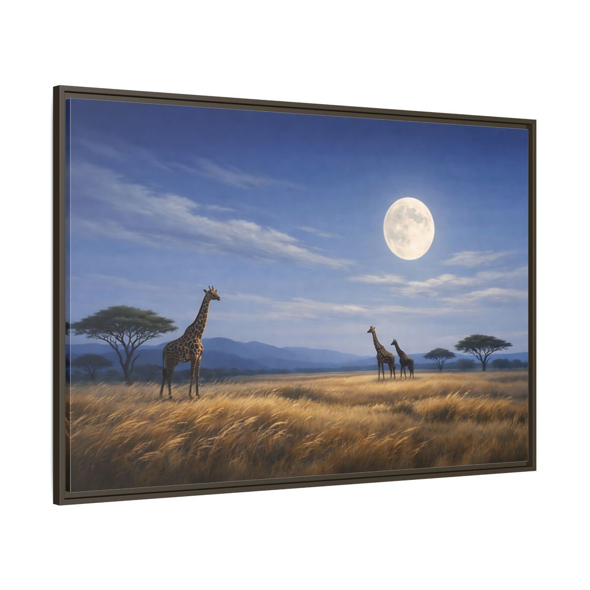 Side Mockup 8. Animals Giraffes Giraffe Moon shown as stretched canvas wall art