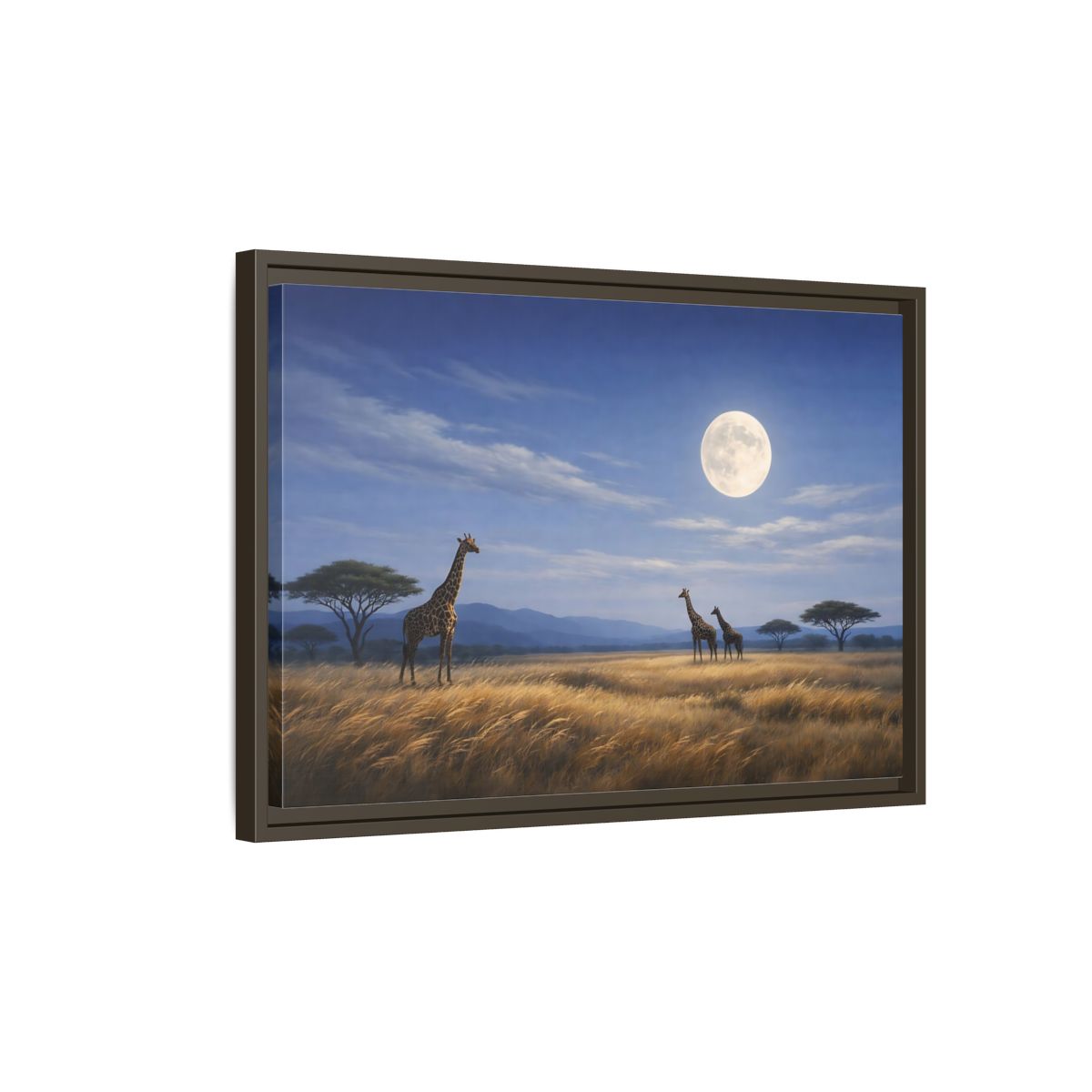 Side Mockup 2. Animals Giraffes Giraffe Moon shown as stretched canvas wall art