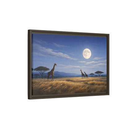 Side Mockup 2. Animals Giraffes Giraffe Moon shown as stretched canvas wall art