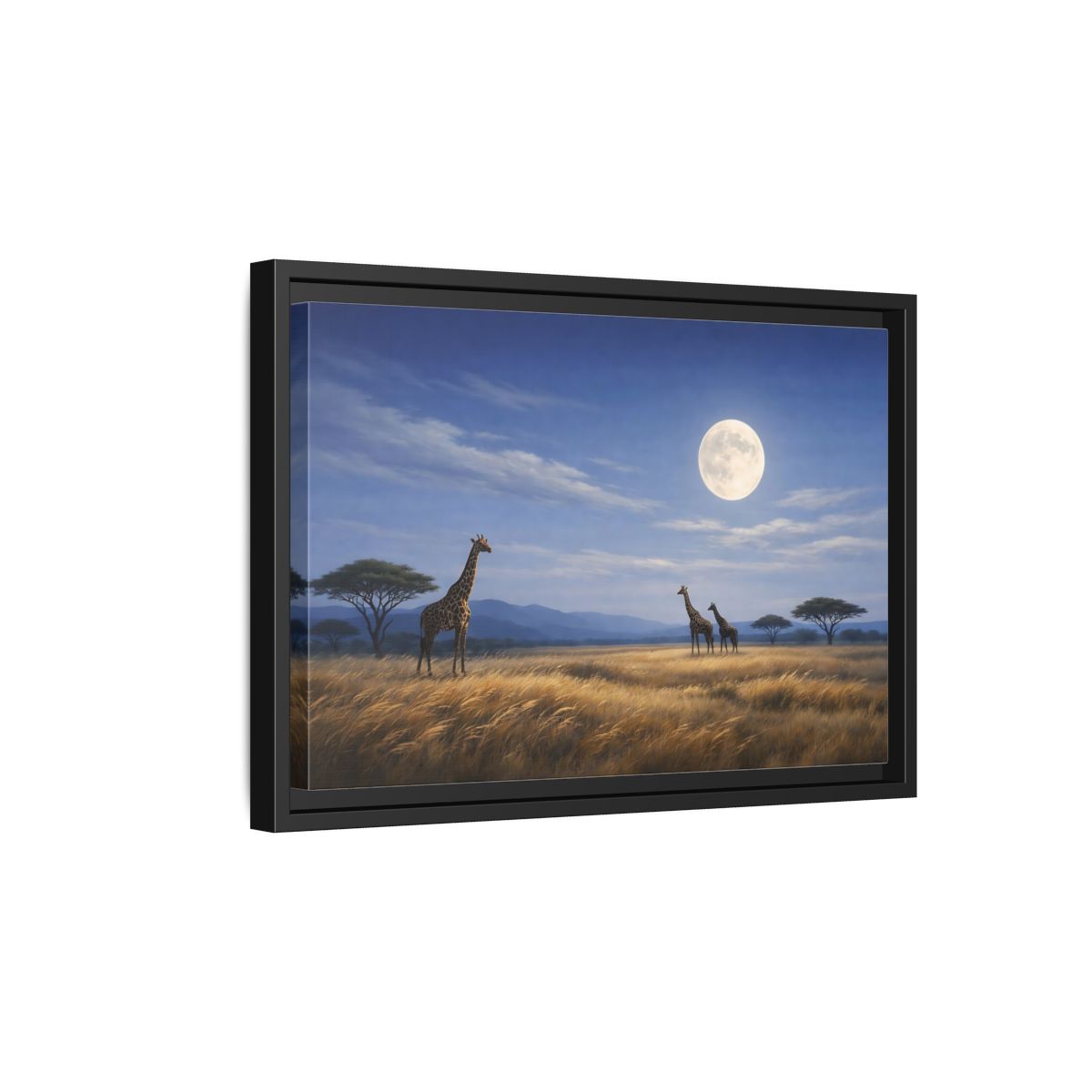 Side Mockup 6. Animals Giraffes Giraffe Moon shown as stretched canvas wall art