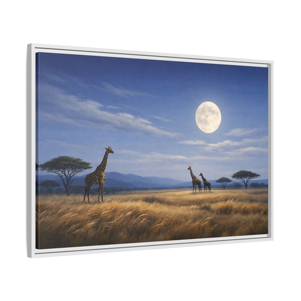 Side Mockup 9. Animals Giraffes Giraffe Moon shown as stretched canvas wall art