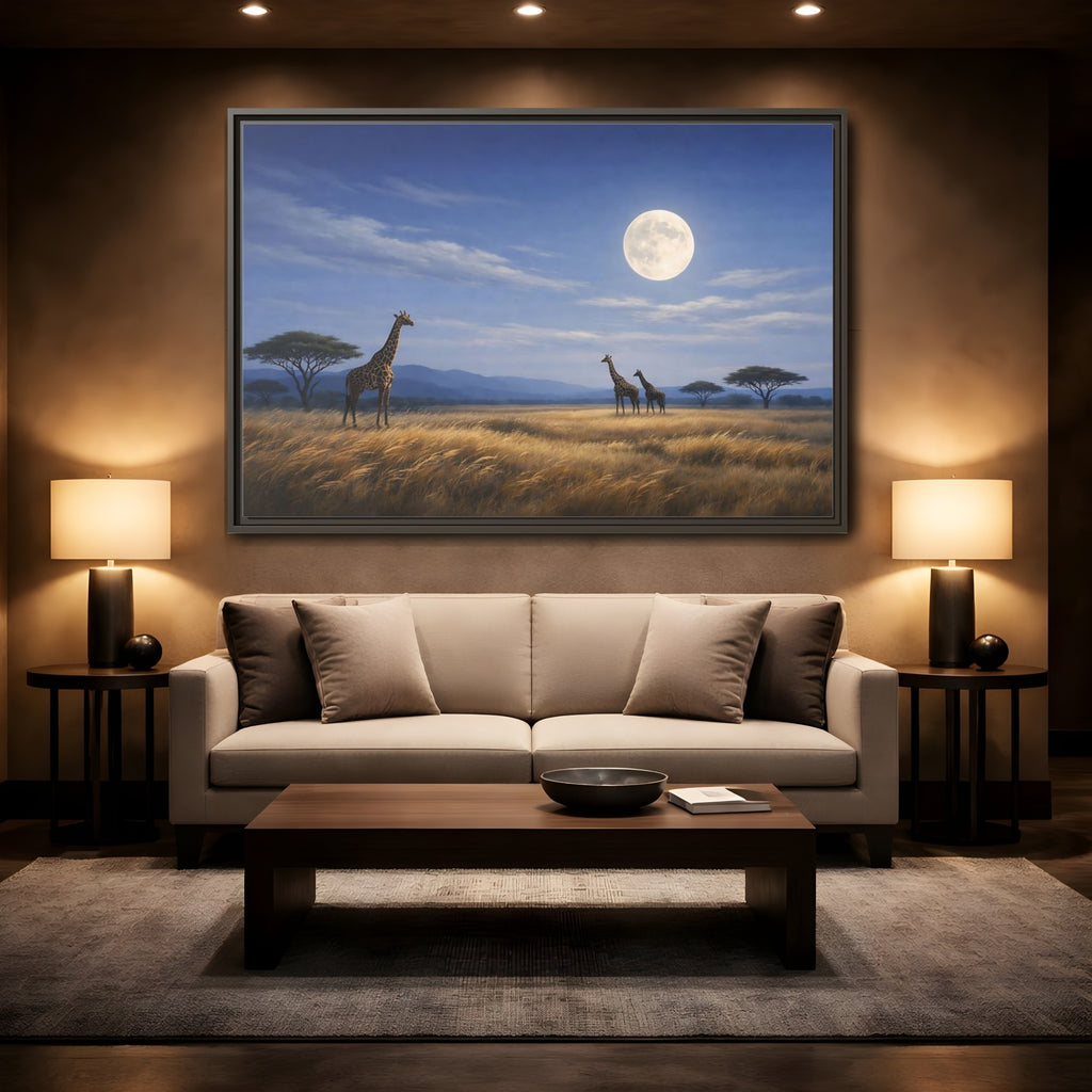 Mockup 2. Animals Giraffes Giraffe Moon shown as stretched canvas wall art