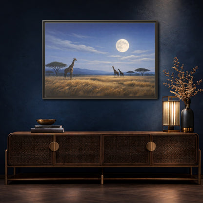 Mockup 4. Animals Giraffes Giraffe Moon shown as stretched canvas wall art