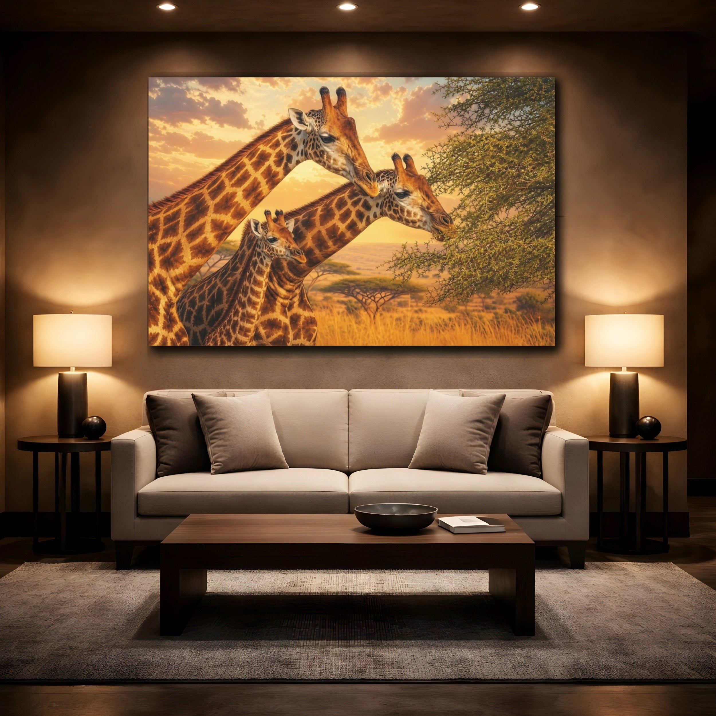 Mockup 2. Animals Giraffes Orange And Brown shown as stretched canvas wall art