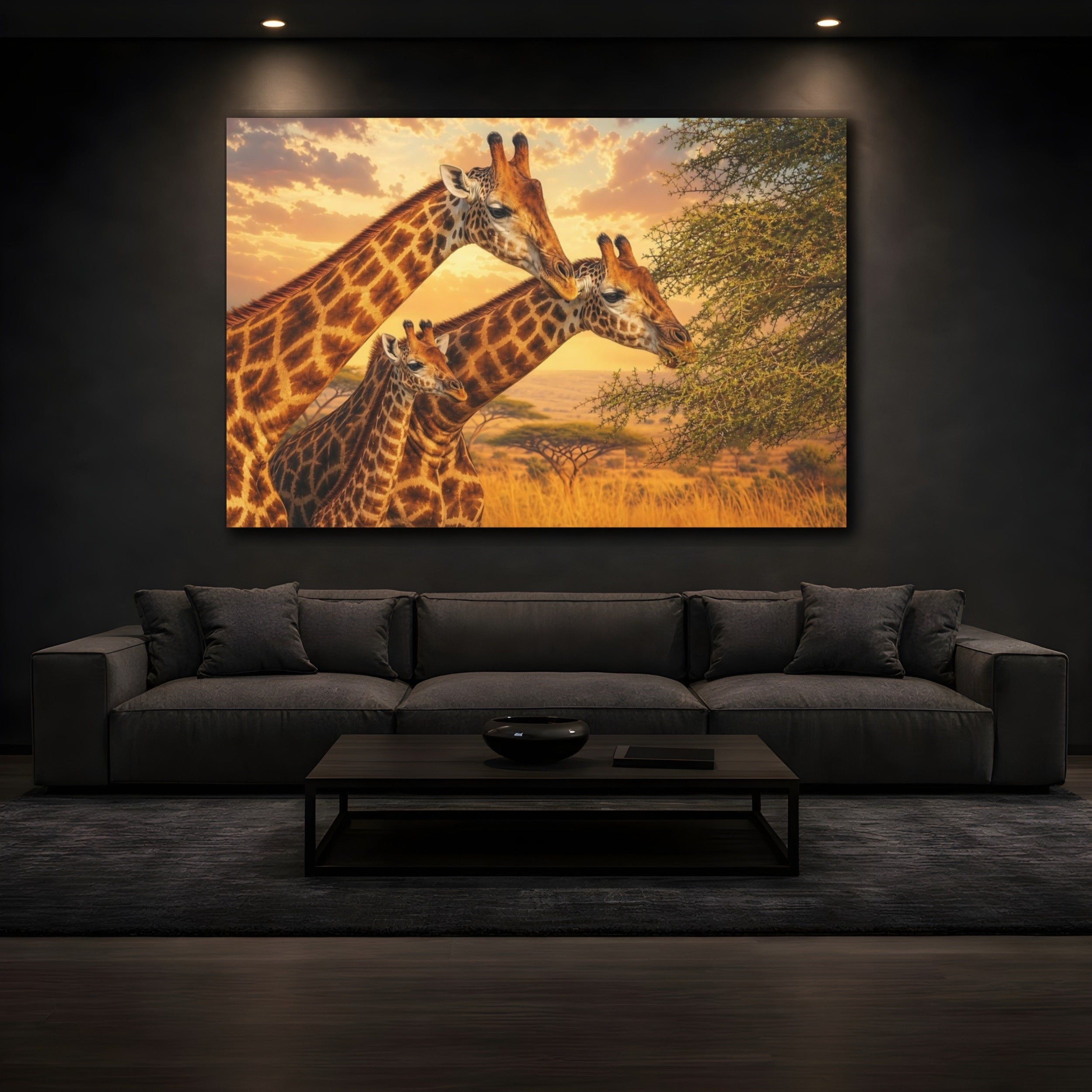 Mockup 3. Animals Giraffes Orange And Brown shown as stretched canvas wall art