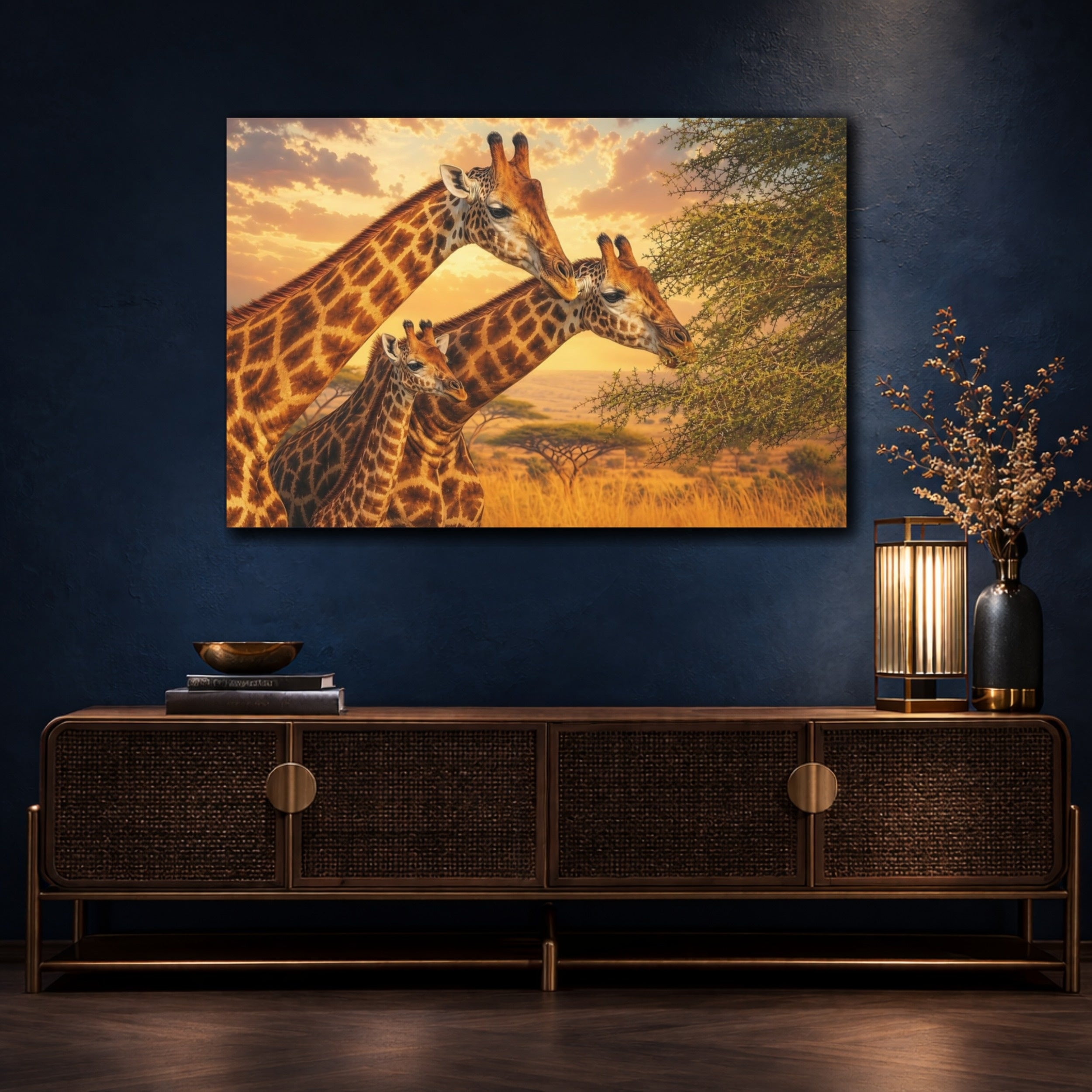 Mockup 4. Animals Giraffes Orange And Brown shown as stretched canvas wall art
