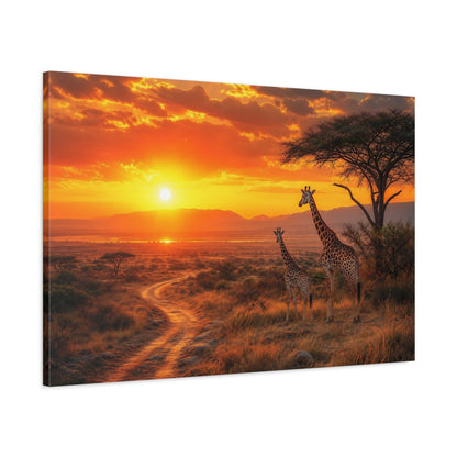 Main Mockup. Animals Giraffes Orange Sunset shown as stretched canvas wall art