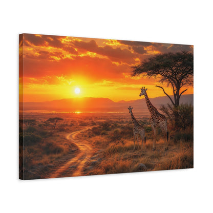 Side Mockup 3. Animals Giraffes Orange Sunset shown as stretched canvas wall art