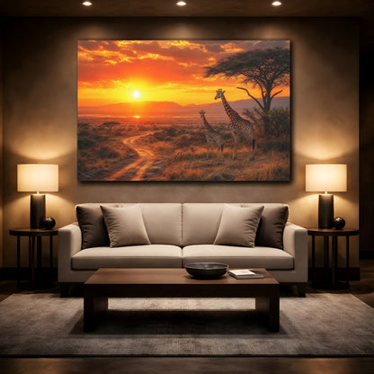 Mockup 2. Animals Giraffes Orange Sunset shown as stretched canvas wall art