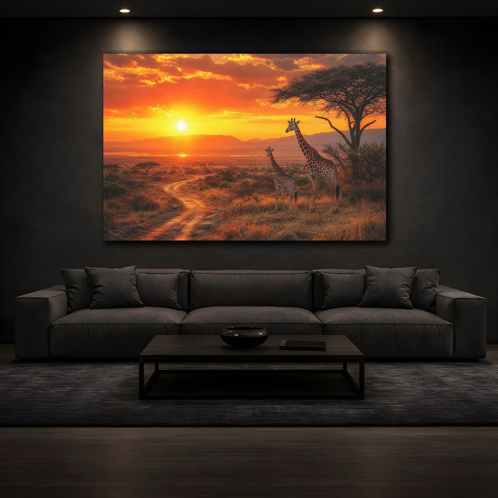 Mockup 3. Animals Giraffes Orange Sunset shown as stretched canvas wall art