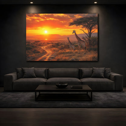 Mockup 3. Animals Giraffes Orange Sunset shown as stretched canvas wall art