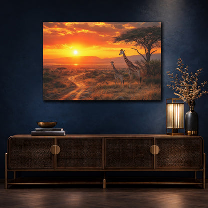 Mockup 4. Animals Giraffes Orange Sunset shown as stretched canvas wall art