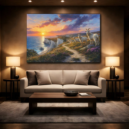 Mockup 2. Animals Goats Goats Sunset Cliff shown as stretched canvas wall art