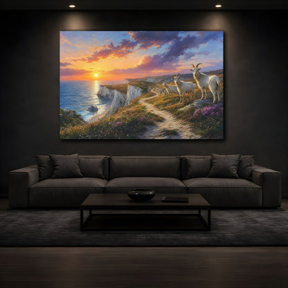 Mockup 3. Animals Goats Goats Sunset Cliff shown as stretched canvas wall art