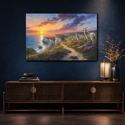 Mockup 4. Animals Goats Goats Sunset Cliff shown as stretched canvas wall art