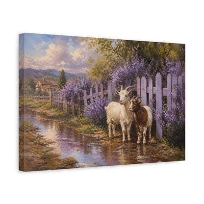 Side Mockup 4. Animals Goats Purple Goats shown as stretched canvas wall art