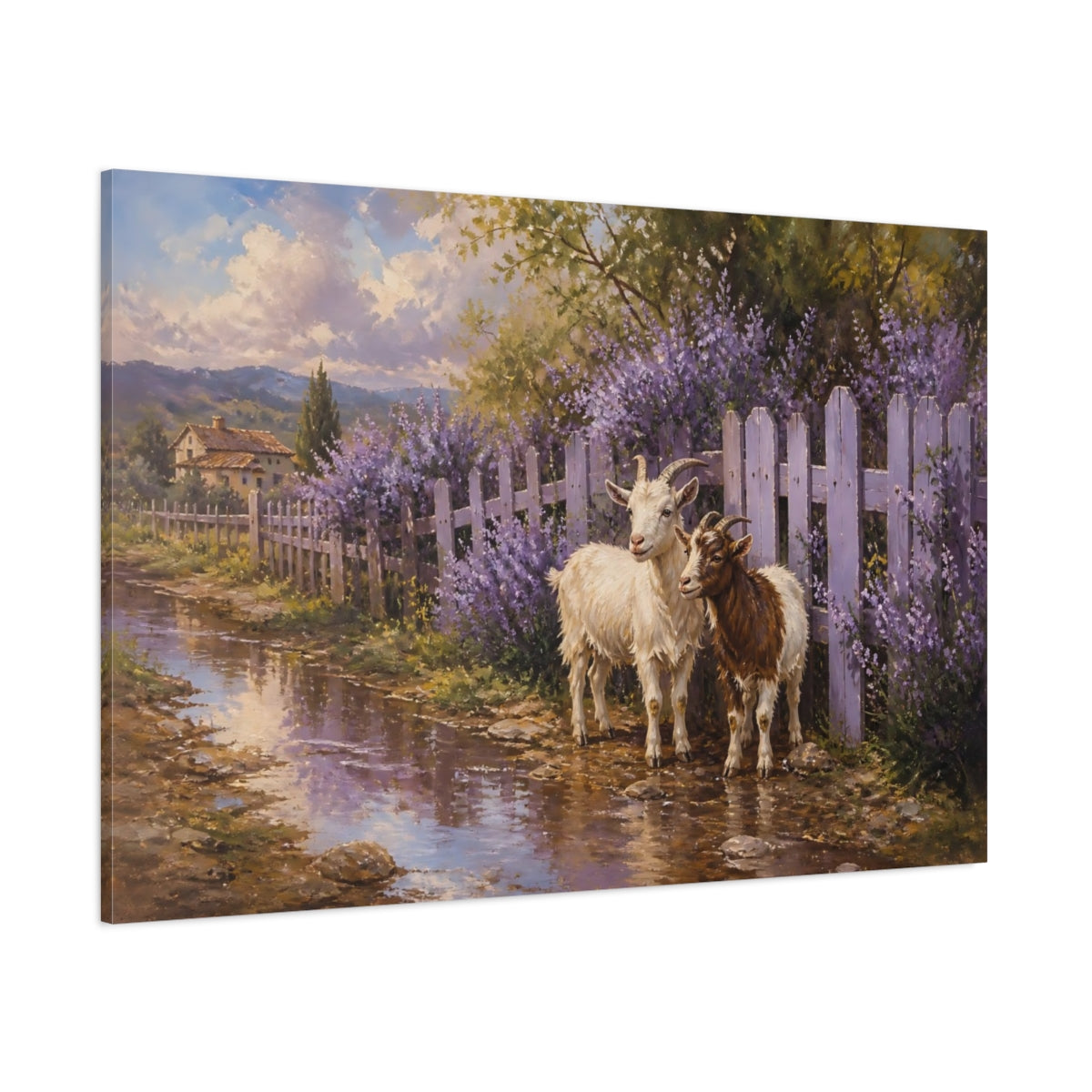 Side Mockup 1. Animals Goats Purple Goats shown as stretched canvas wall art