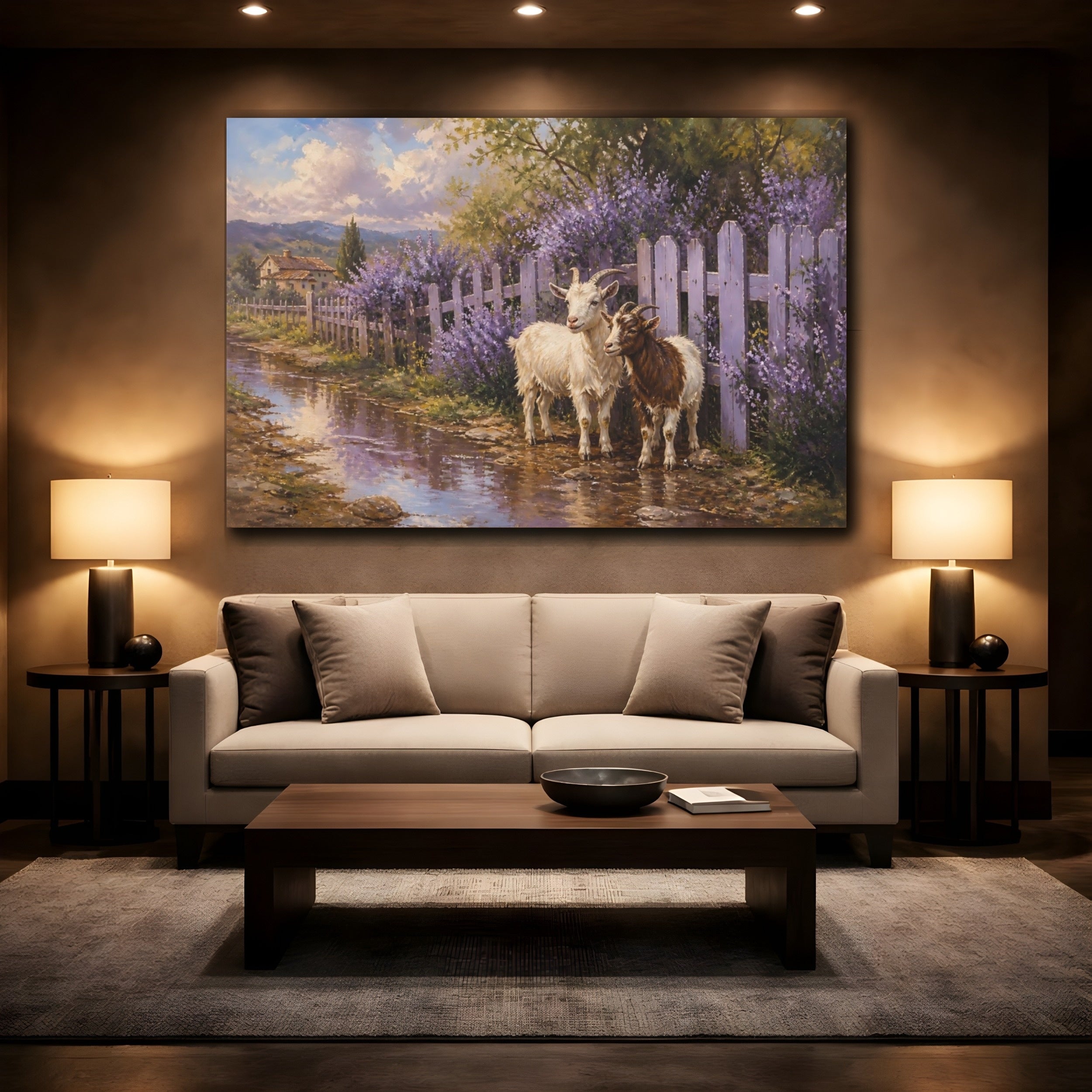 Mockup 2. Animals Goats Purple Goats shown as stretched canvas wall art