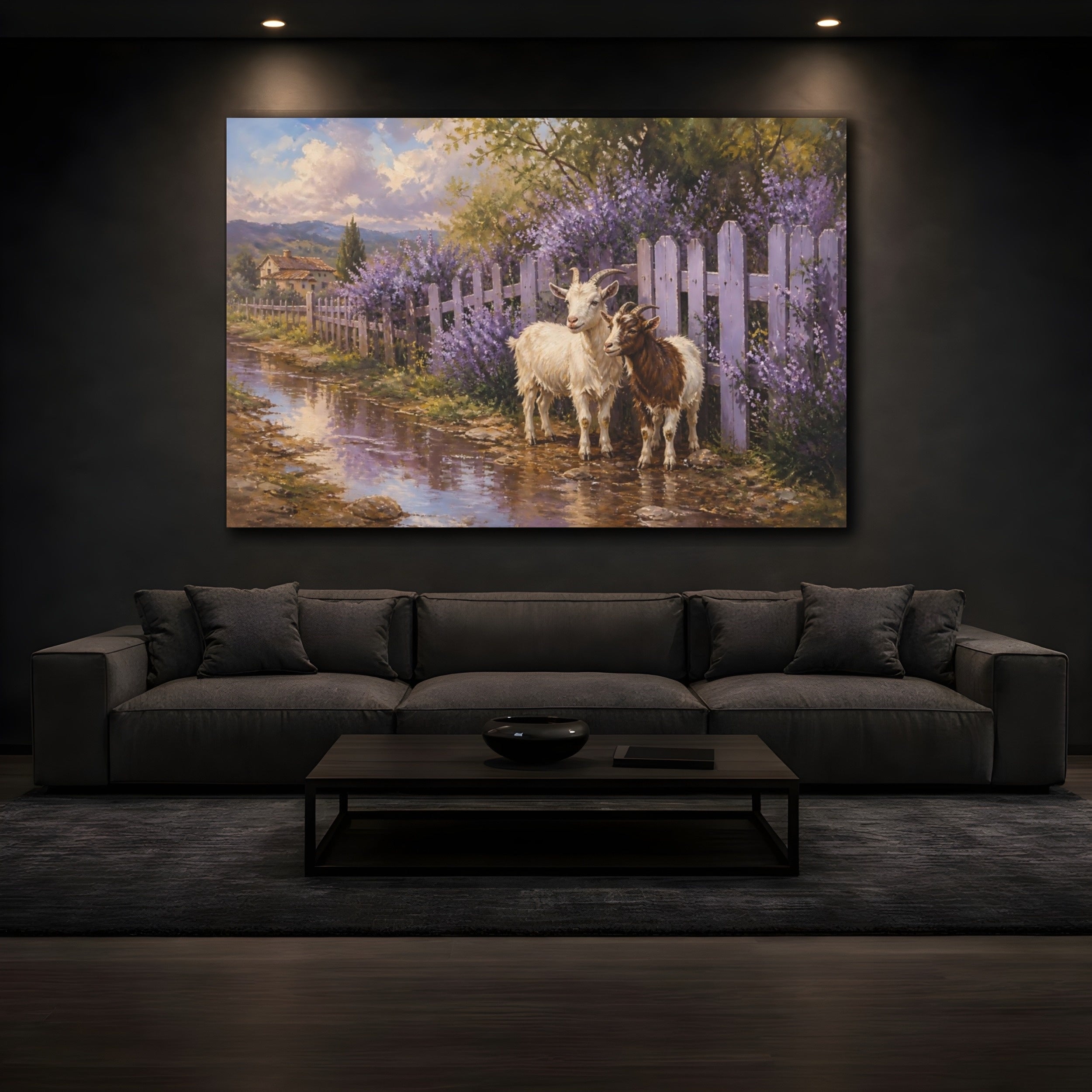 Mockup 3. Animals Goats Purple Goats shown as stretched canvas wall art